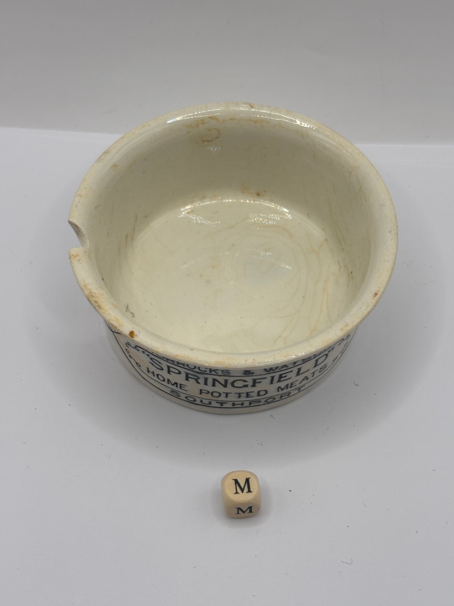 Old advertising meat paste pot, Springfield (M) damaged