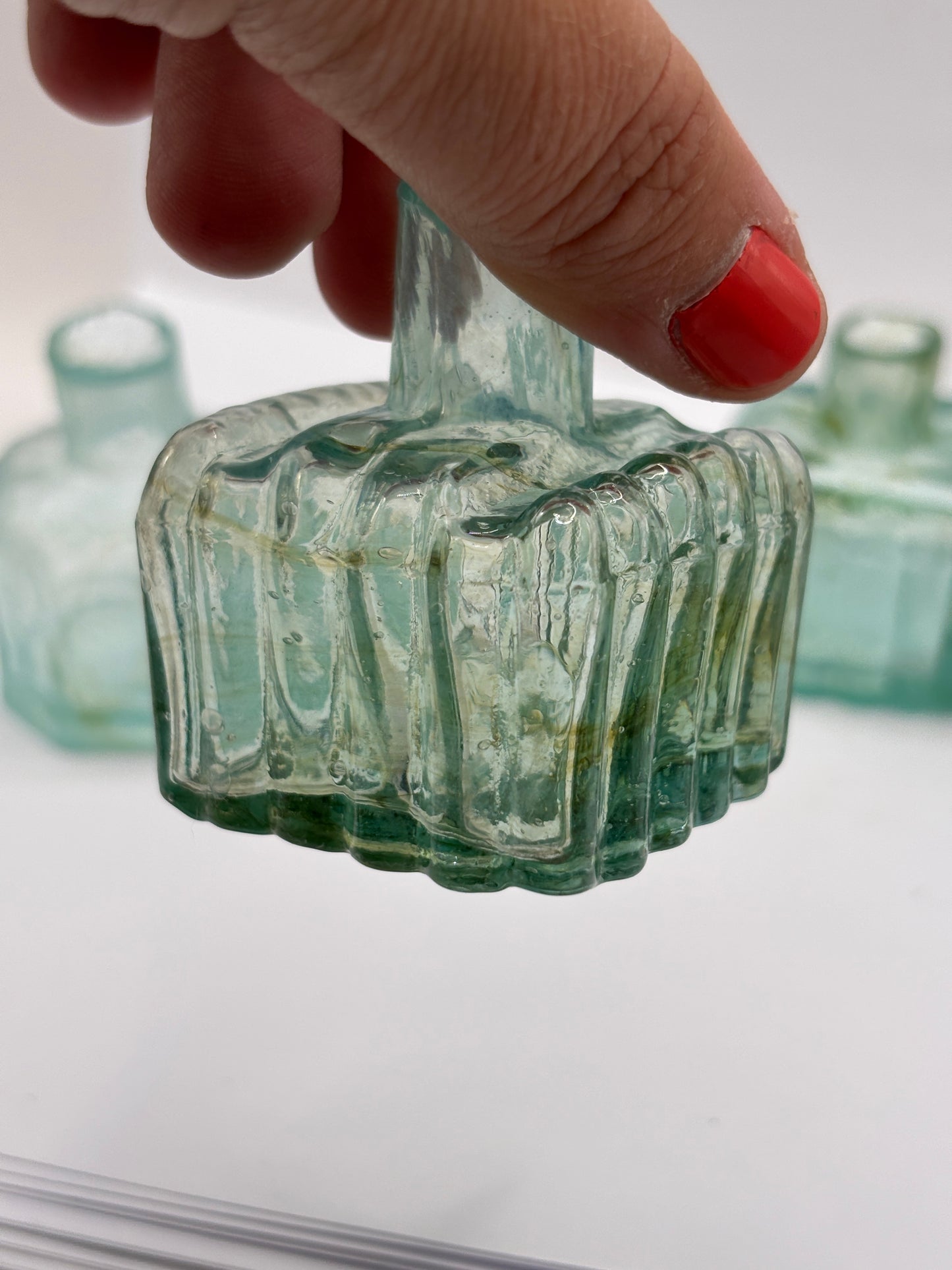 5 old aqua glass inks swirly inks, inkwells, ink bottles, penny ink.