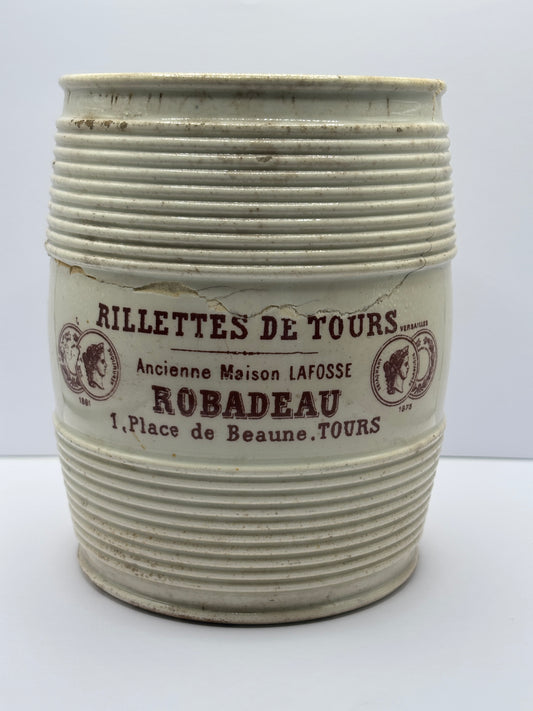 Old french stoneware advertising jar, Rillettes de tours. Damaged