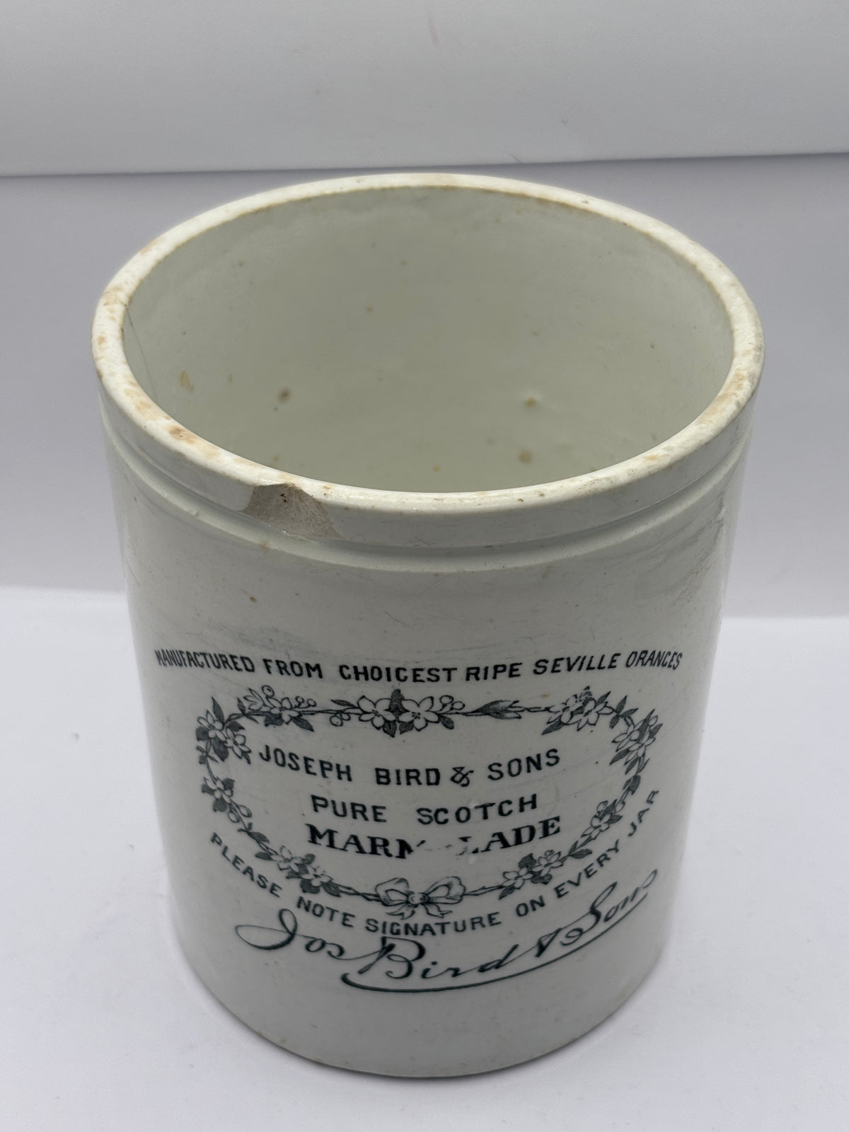 Old large rare 3lb stoneware marmalade pot, Joseph Bird & Sons pure scotch marmalade