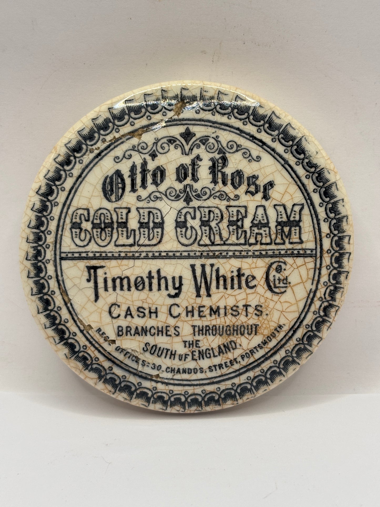 Old advertising lid, Otto of rose Cold cream. Damaged/flakey glaze