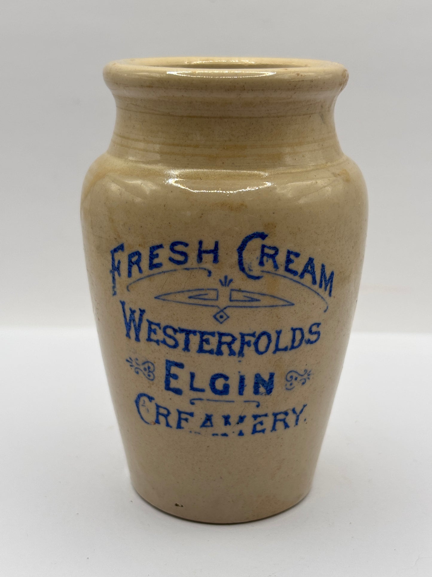 Old stoneware advertising cream pot, Fresh cream. Westerfolds Elgin creamery