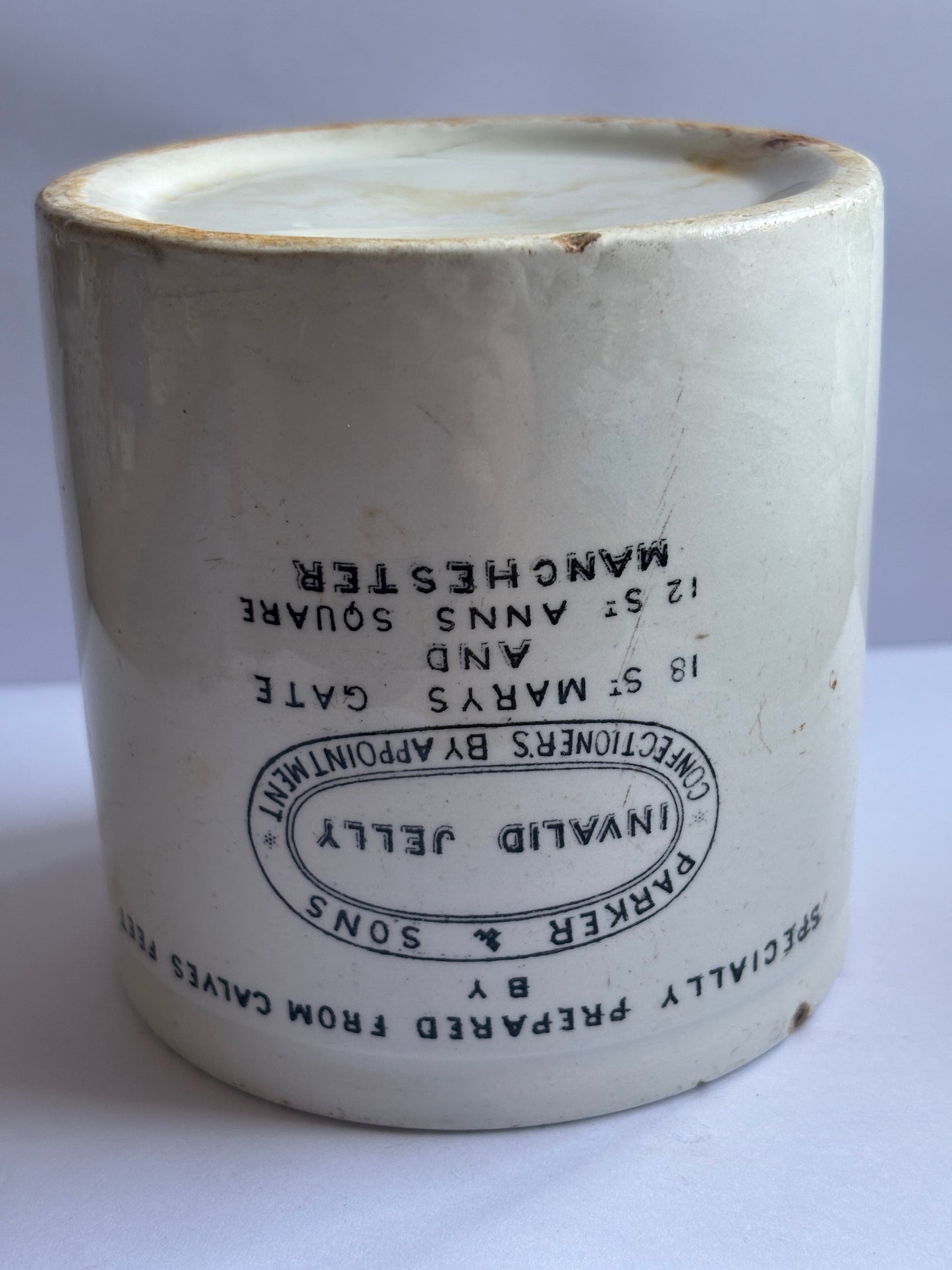 Old ironstone advertising jar, parker & sons Invalid jelly