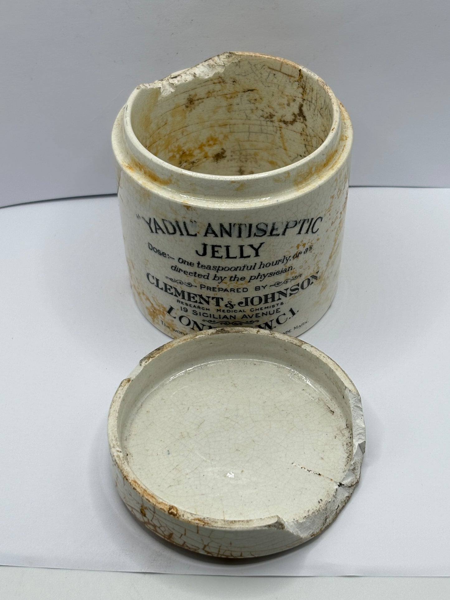 Old Yadil antiseptic jelly advertising pot, Clement & Johnson London