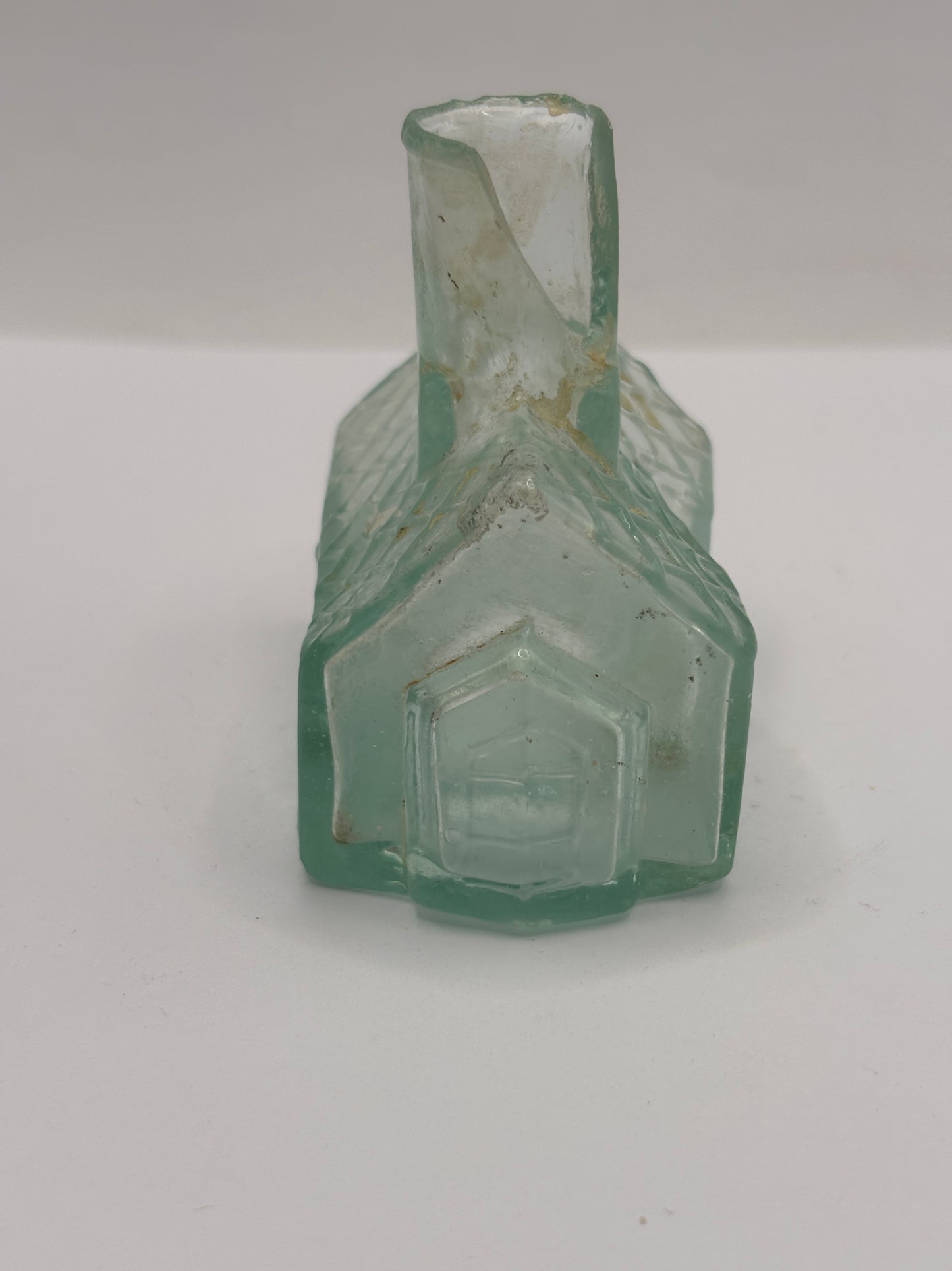 Old aqua glass cottage ink, ink bottle. Inkwell (ST) DAMAGED