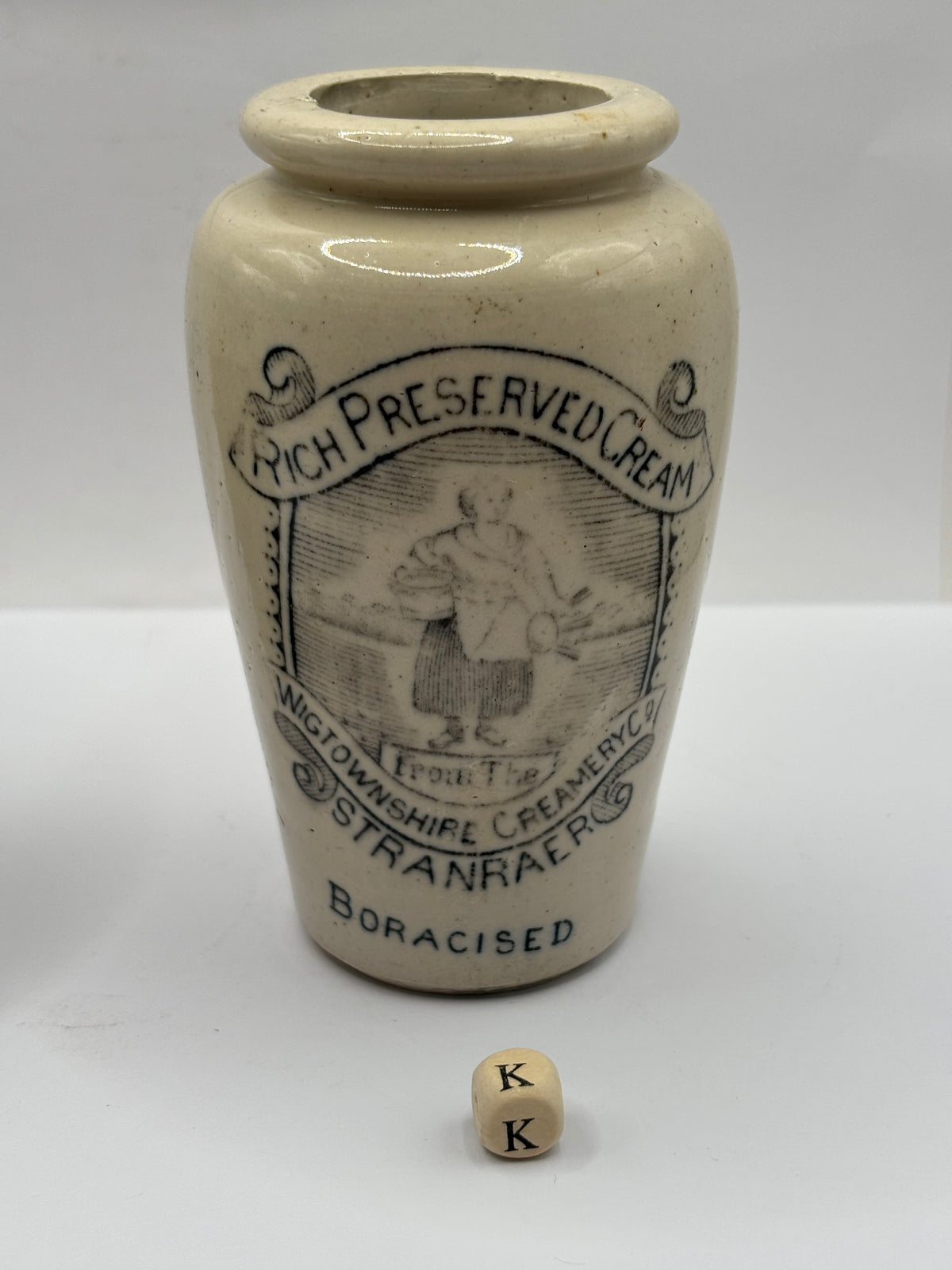 Old advertising cream pot, rich preserved cream stranraer, milkmaid Boracised (K)