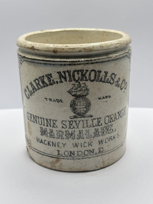 Rare old Clarke Nichols & Co marmalade jar. Repaired