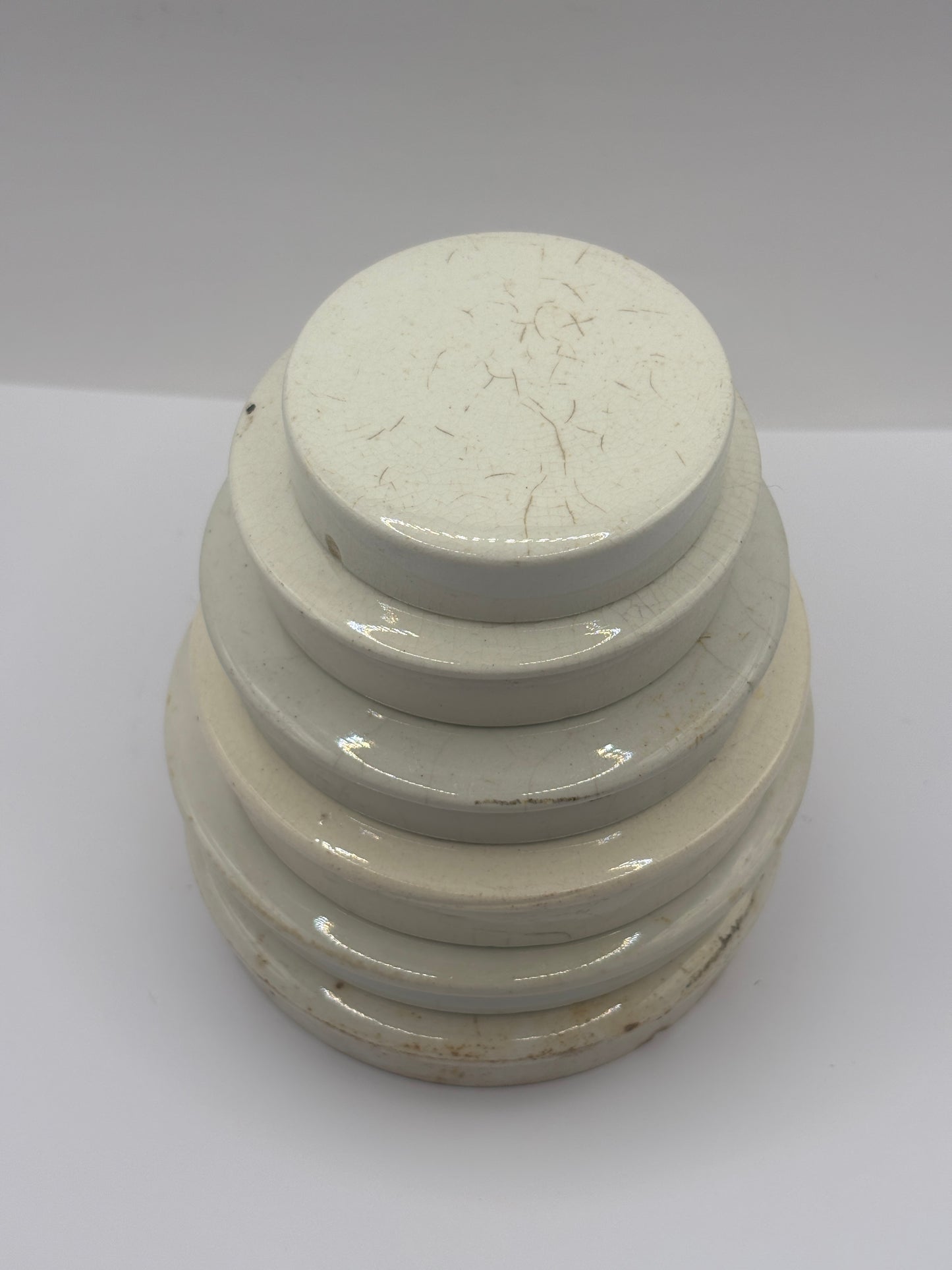 6 old plain stoneware lids, stacking lids