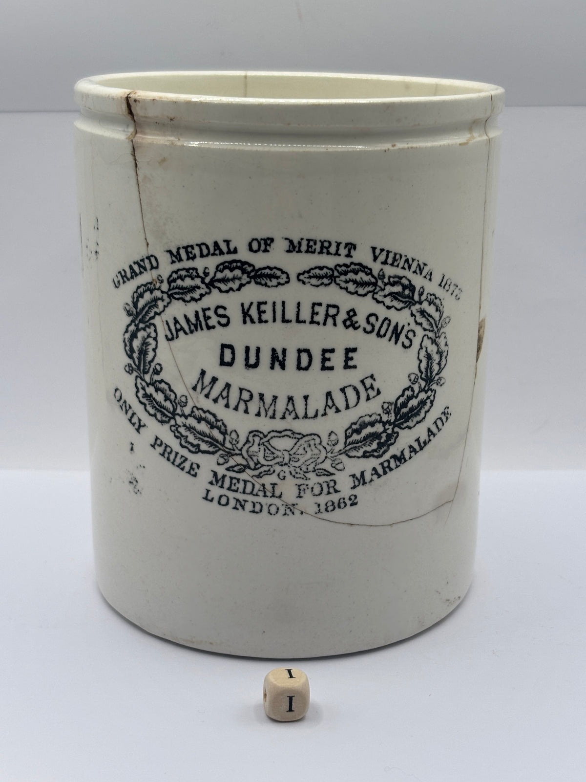 Old large 3lb stoneware marmalade pot, James Keiller Dundee marmalade (i) damaged