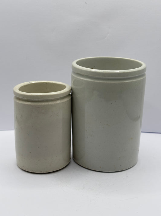 2 old white stoneware pots