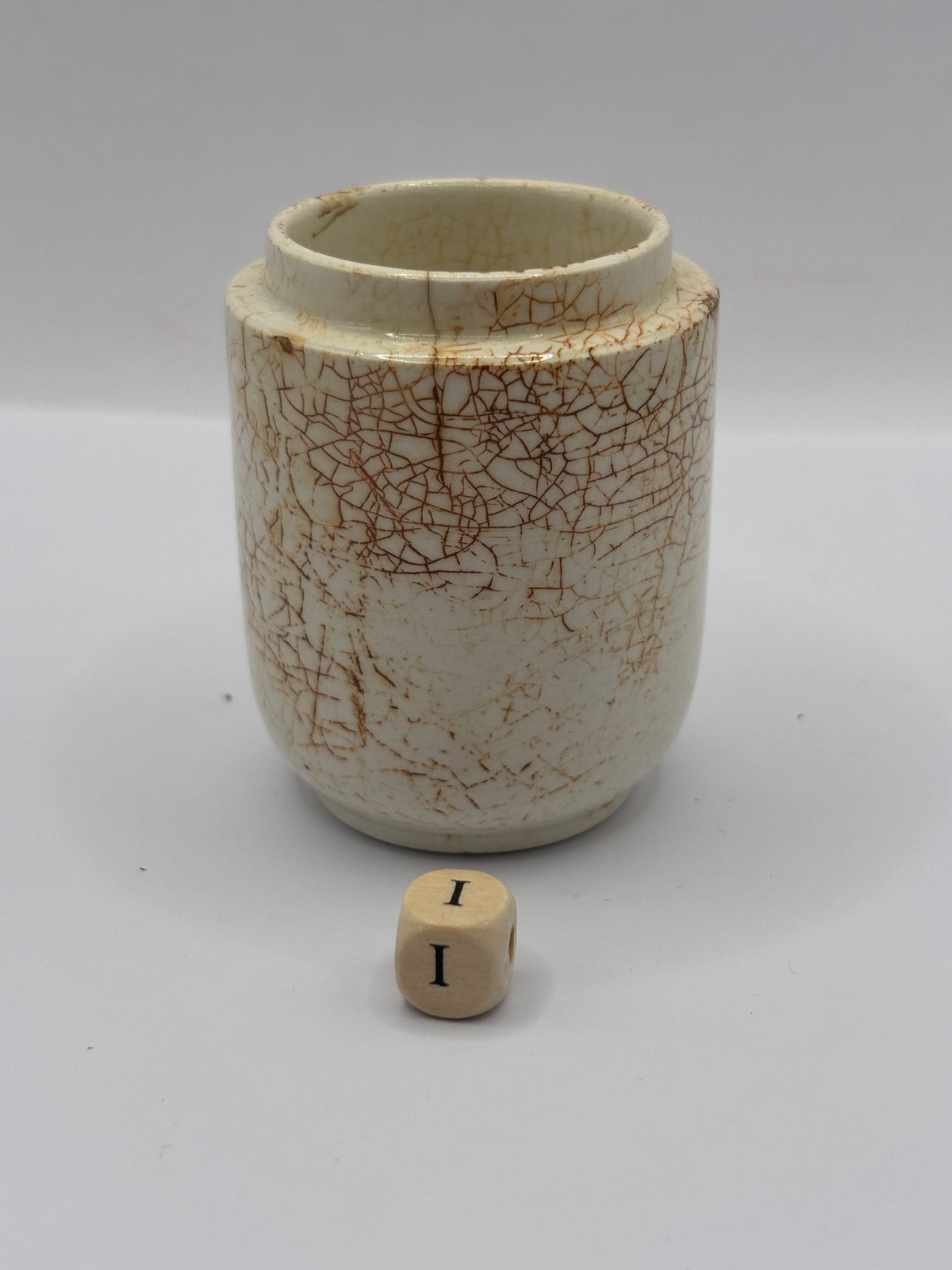 old small stained & crazed stoneware pot (i) 6cms
