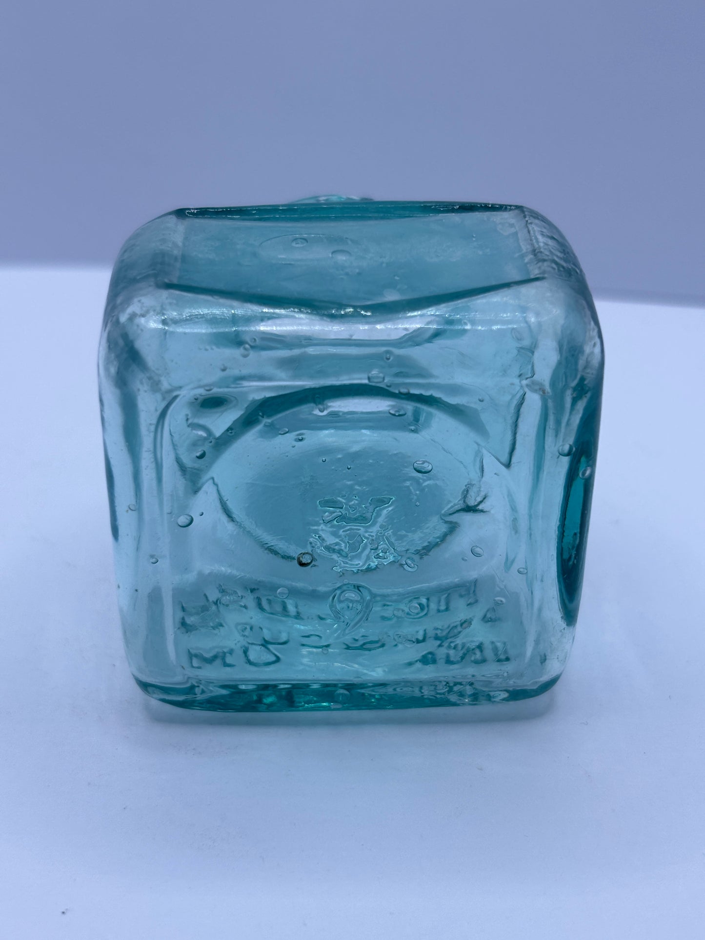Old aqua glass ink bottle, inkwell. fields ink & gum