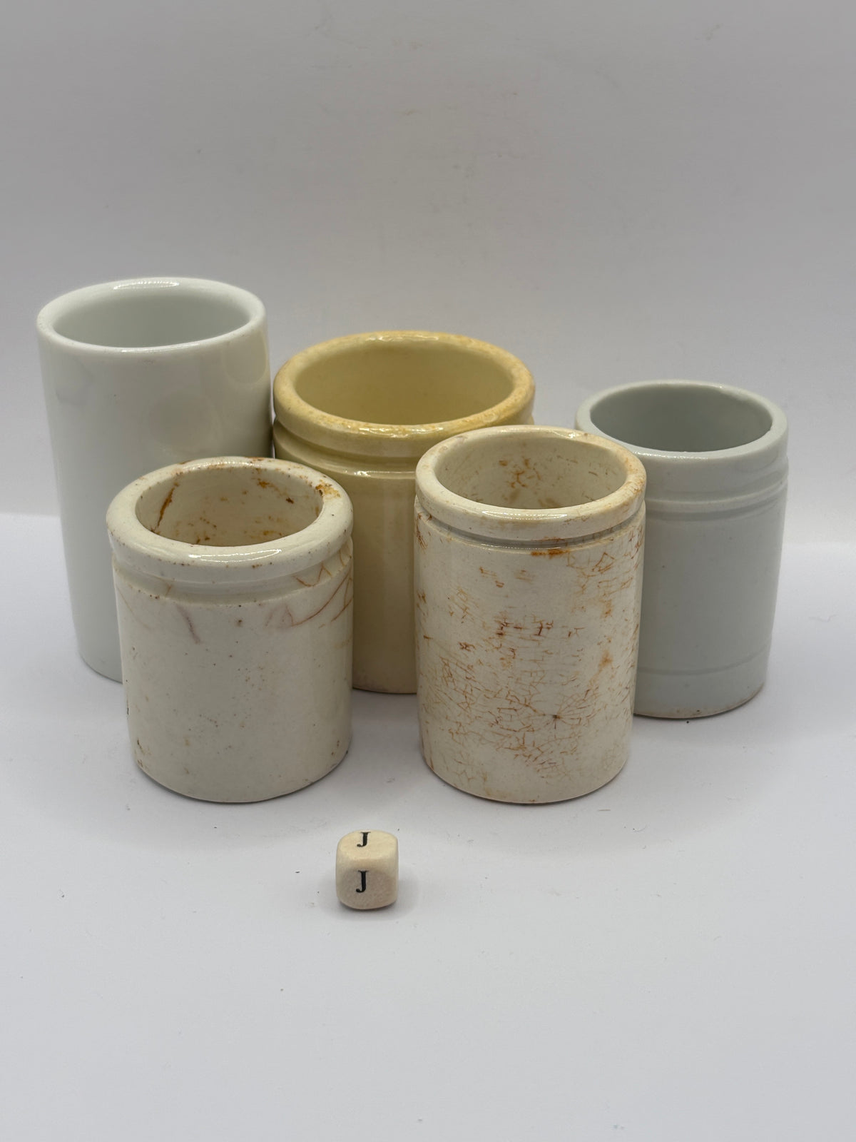 5 old small stoneware jars & pots (J)