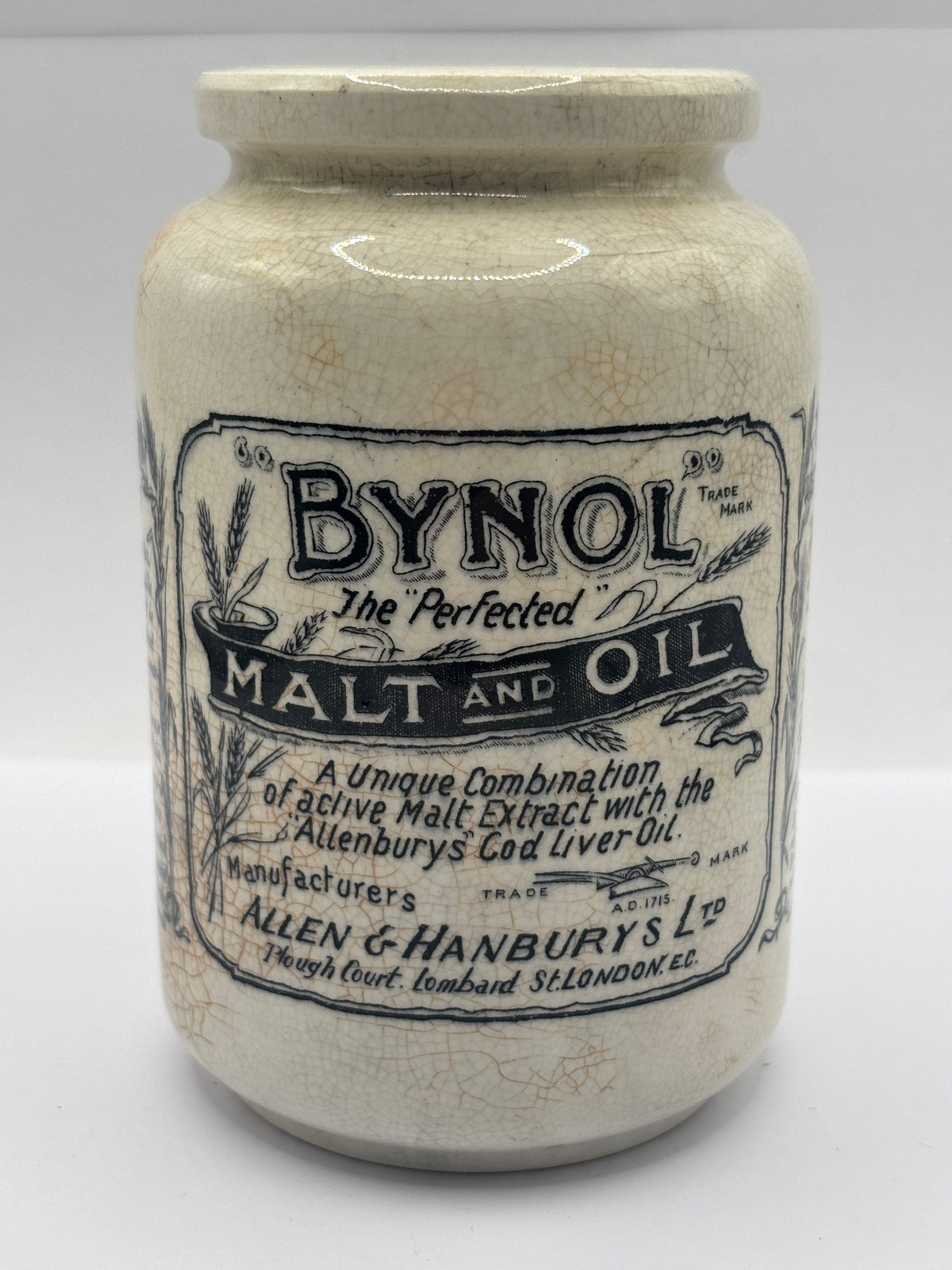 Old advertising jar, Bynol the perfected malt & oil