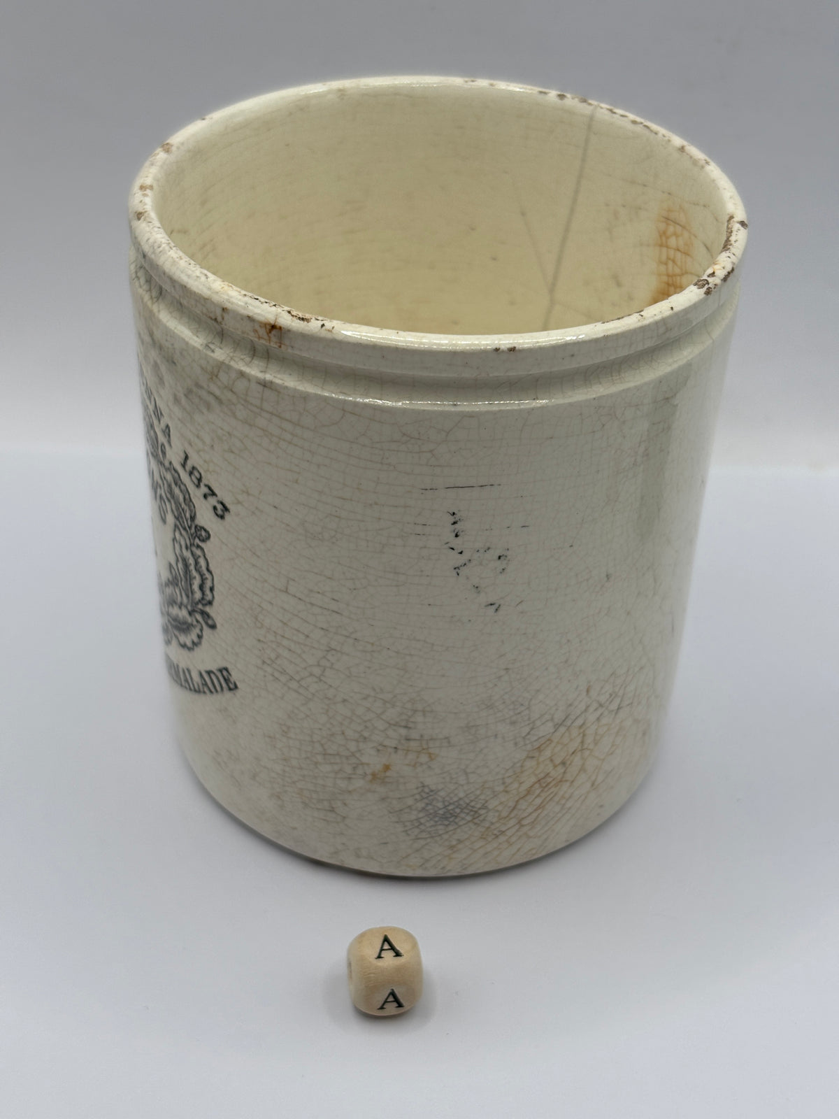 Old 1lb stoneware marmalade pot, James Keiller Dundee marmalade (a)