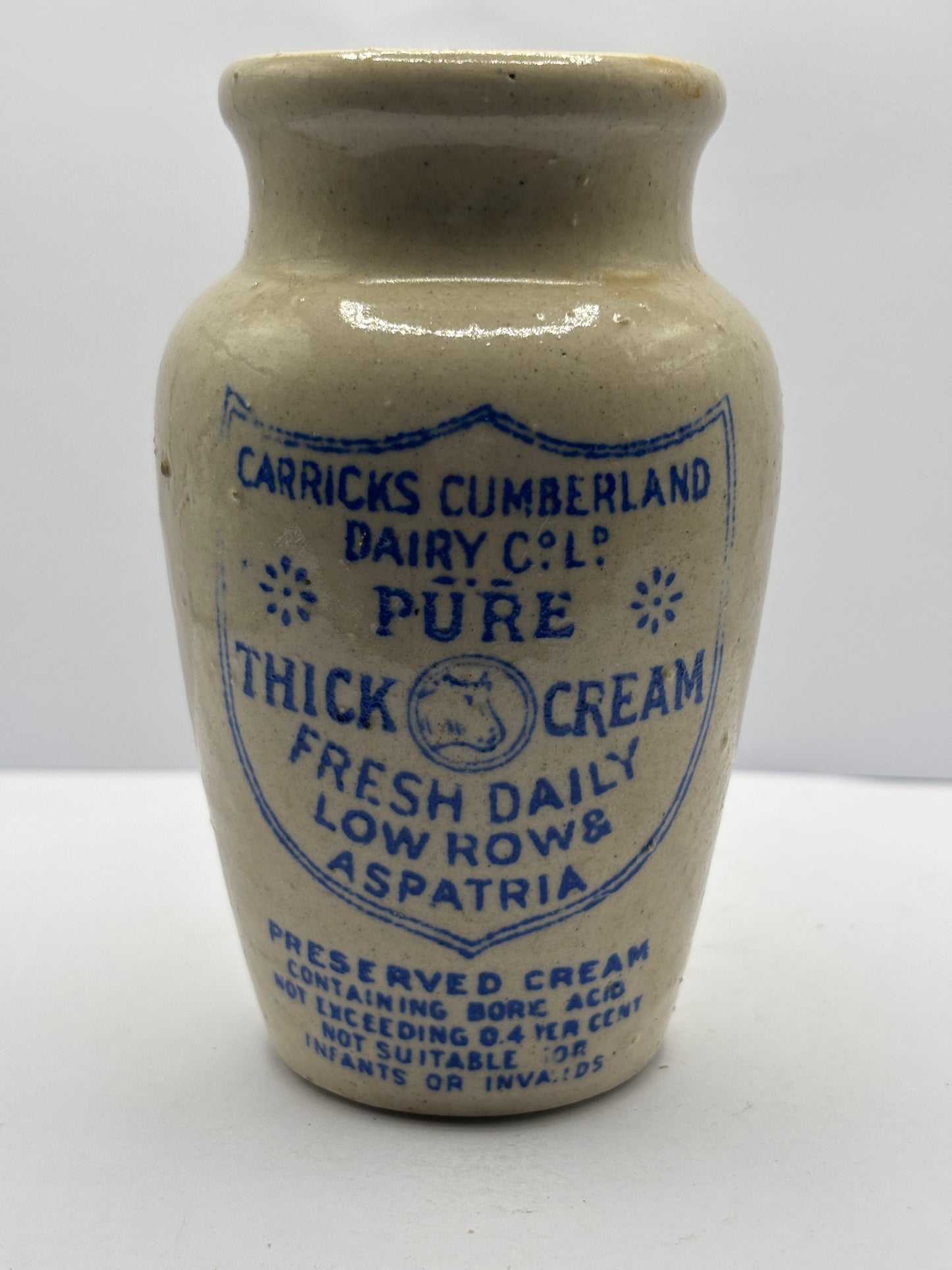 Old blue print advertising stoneware cream pot, Carricks cumberland dairy co, Pure thick cream