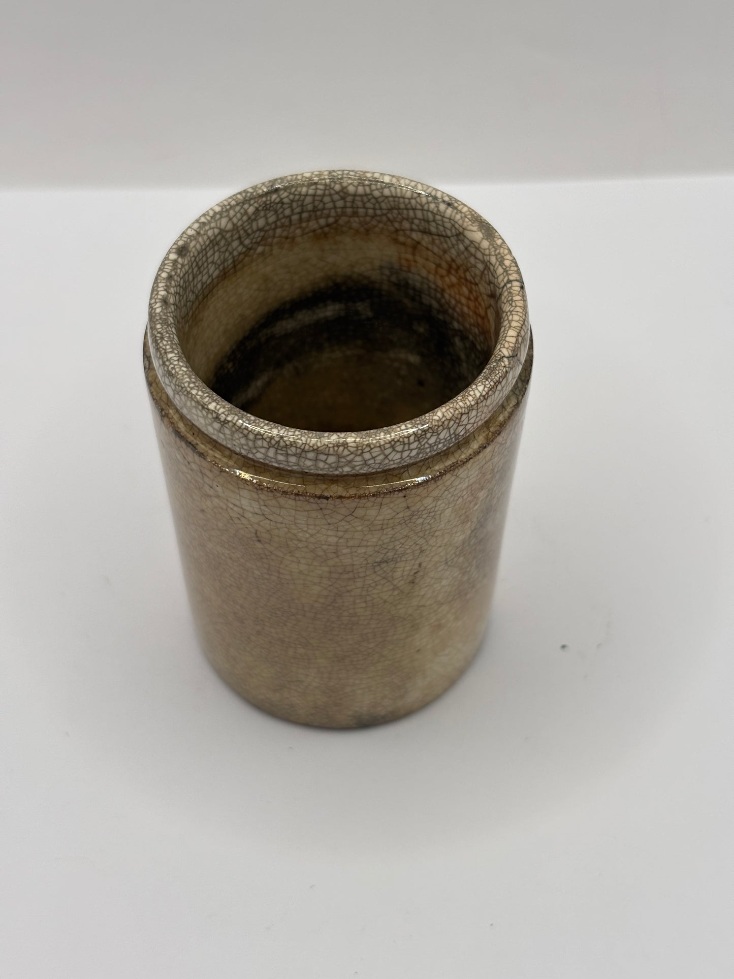 Old stained & crazed small stoneware pot