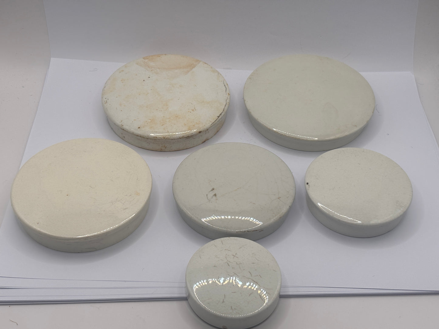 6 old plain stoneware lids, stacking lids