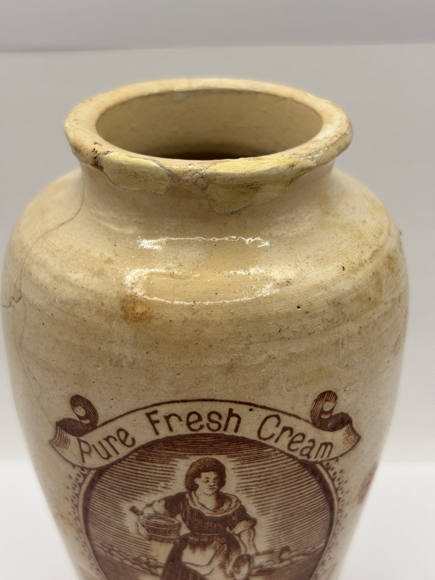 Old tall serpia print stoneware advertising cream pot, pure fresh cream Stranraer. Repaired & Damaged
