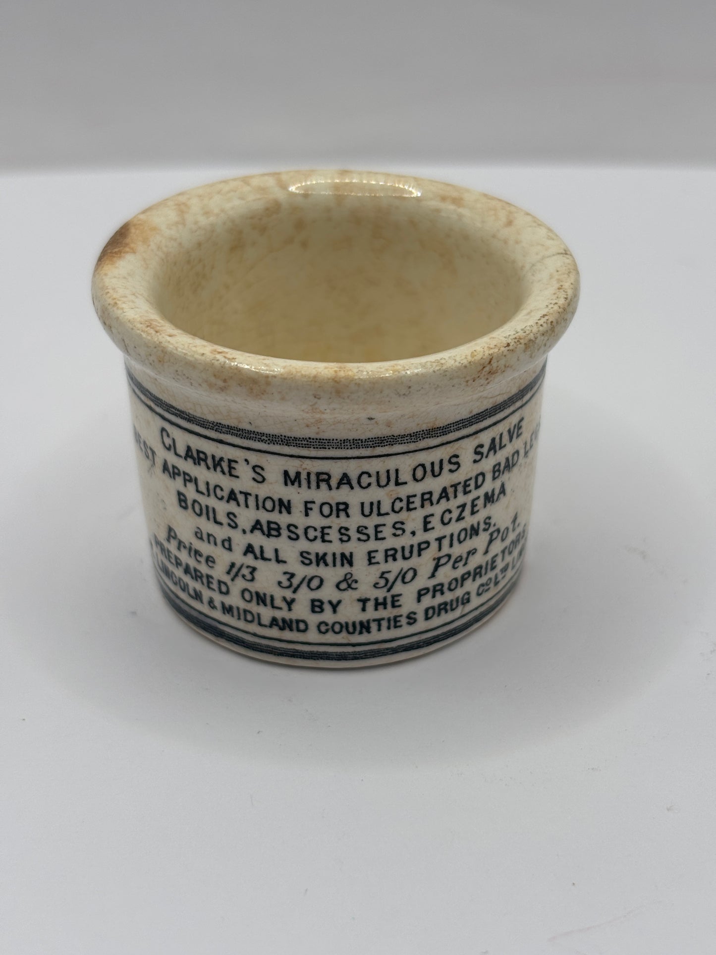 Old advertising ointment pot, clarkes miraculous salve ointment. Hairline