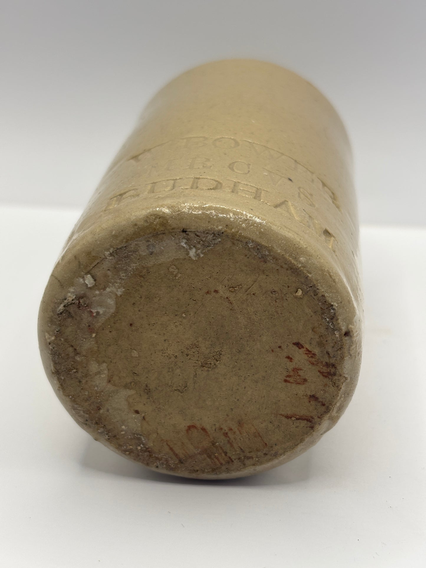 Old White Stoneware Vets Bottle, W.Bower, M.B CVS RUDHAM 17cms