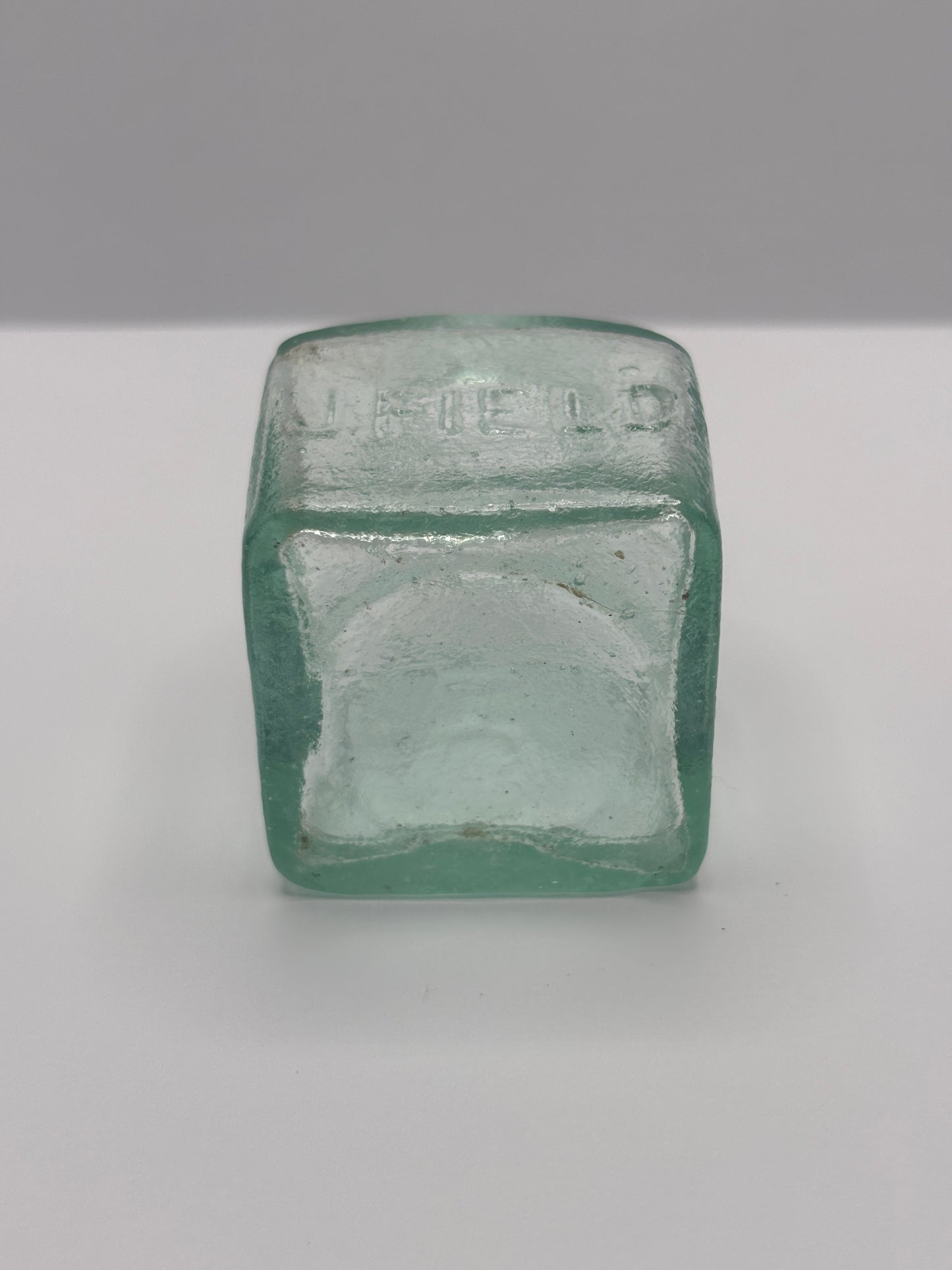 Old aqua glass advertising ink, ink bottle, inkwell. J.Field