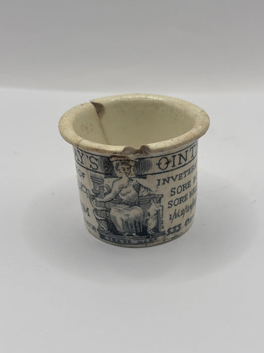 Old advertising ointment pot, Holloway’s ointment. Damaged