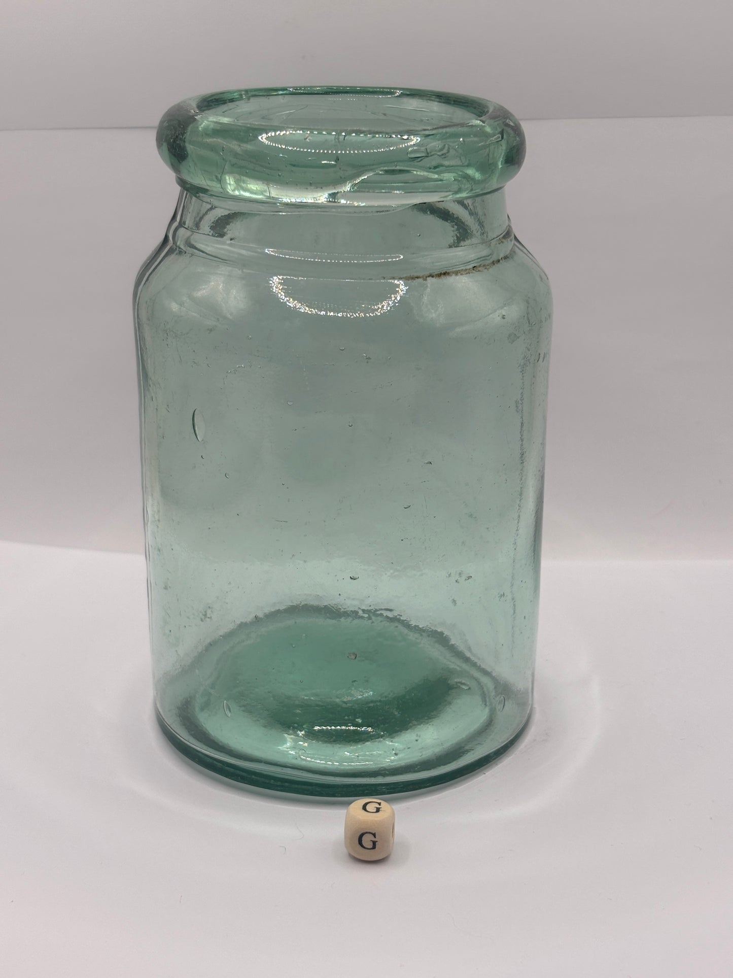 Old 2lb aqua glass pickle jar, rolled top (G)