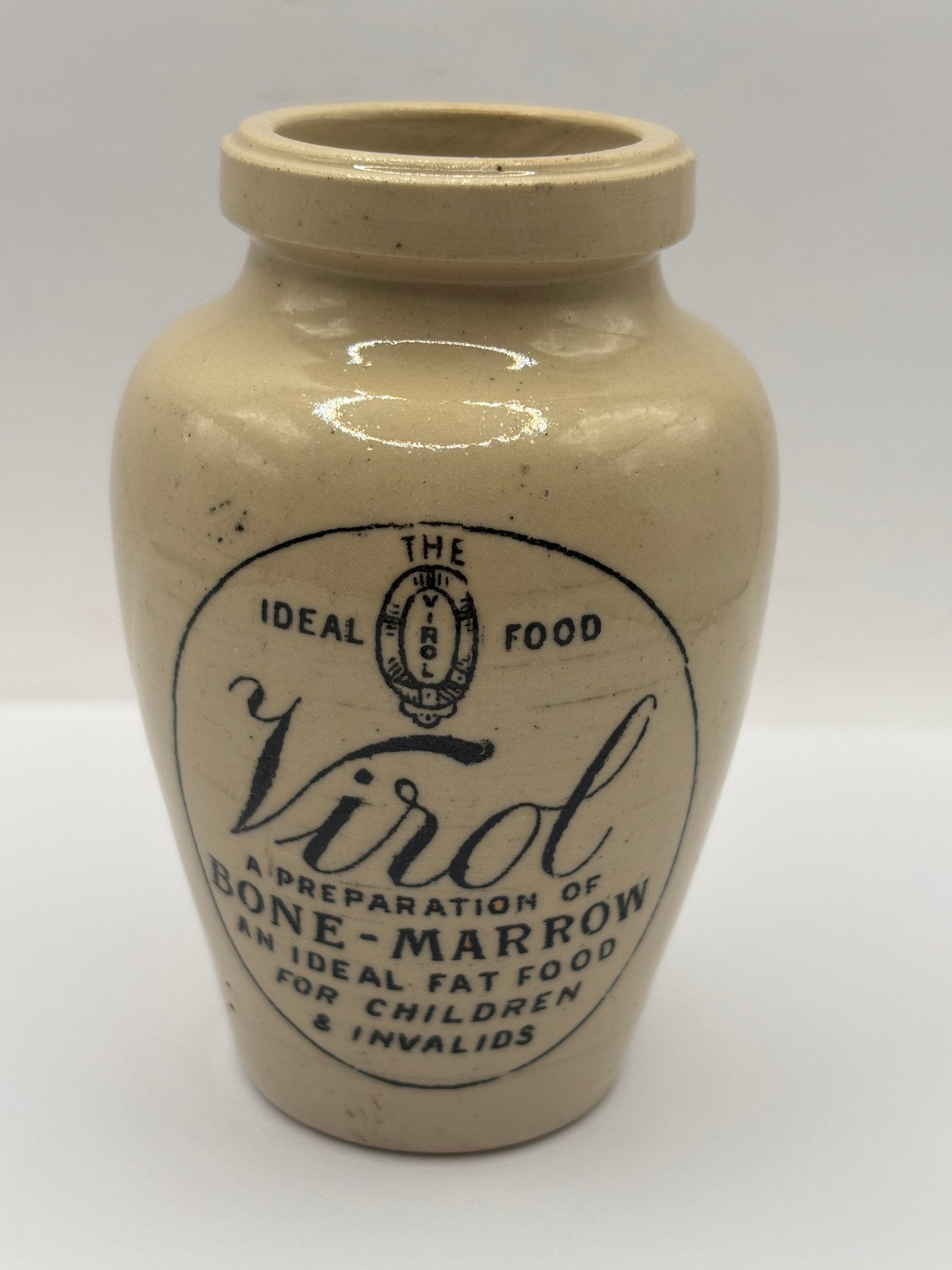 Old advertising stoneware Virol pot 10.5cms