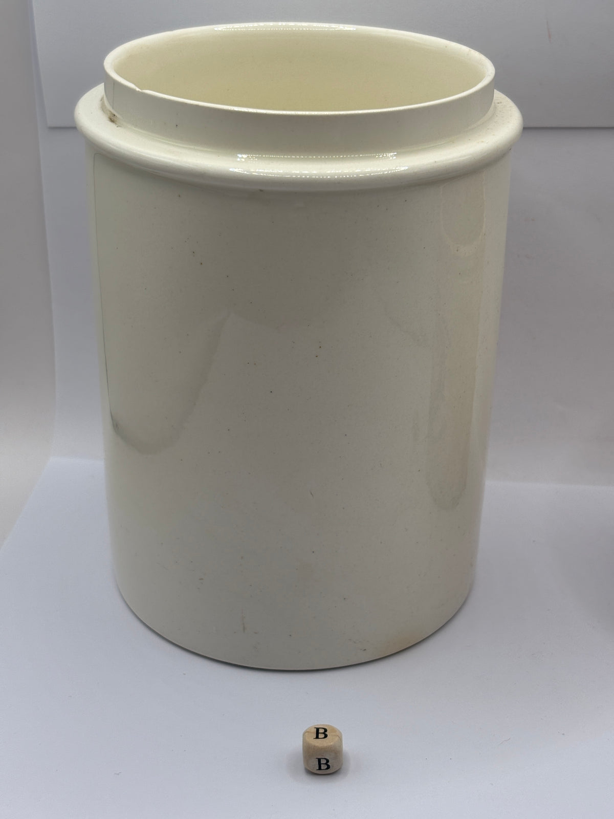 Old large plain white stoneware apothecary jar (B)