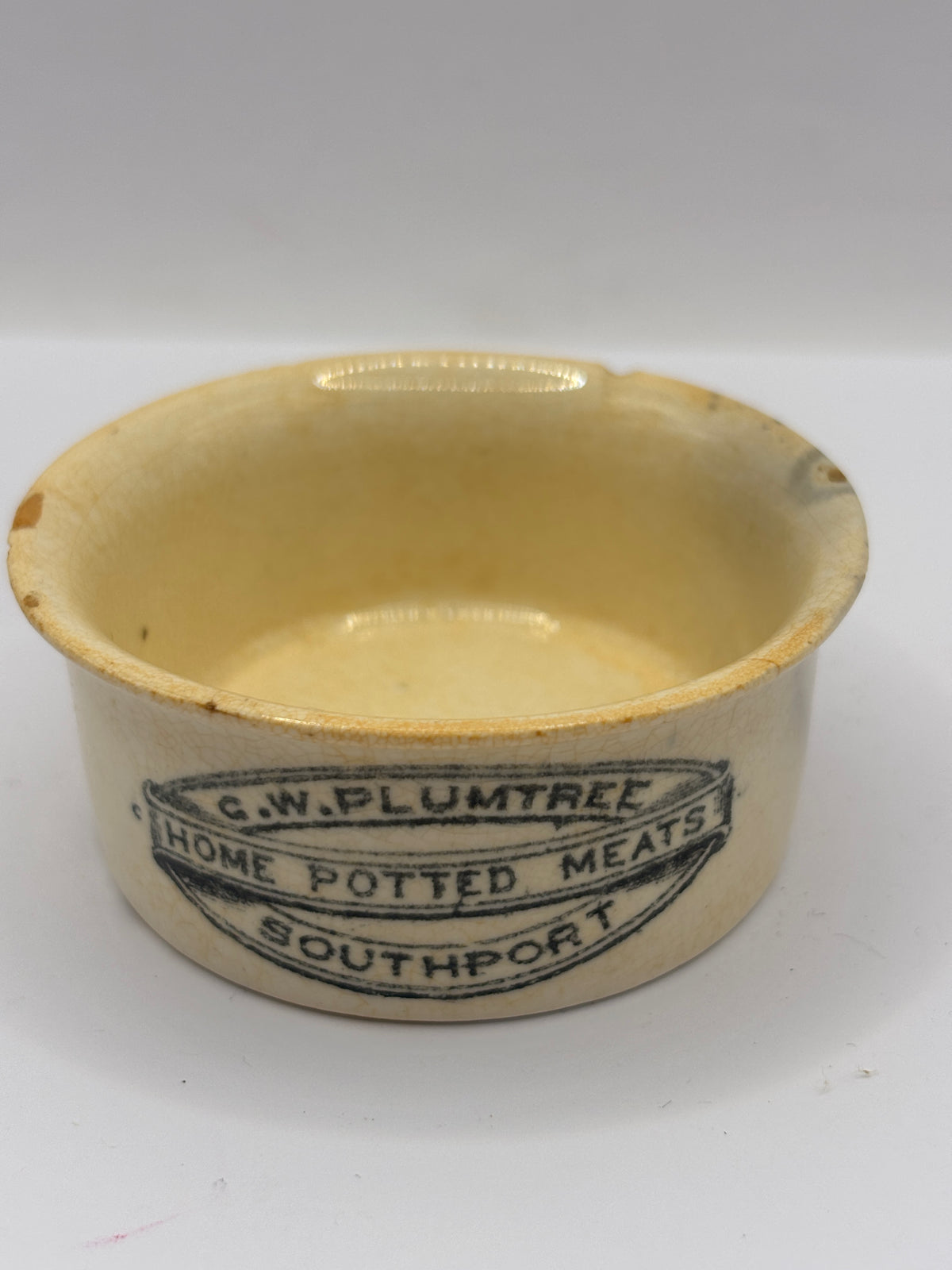 Old small advertising meat paste pot, Plumtree home potted meats