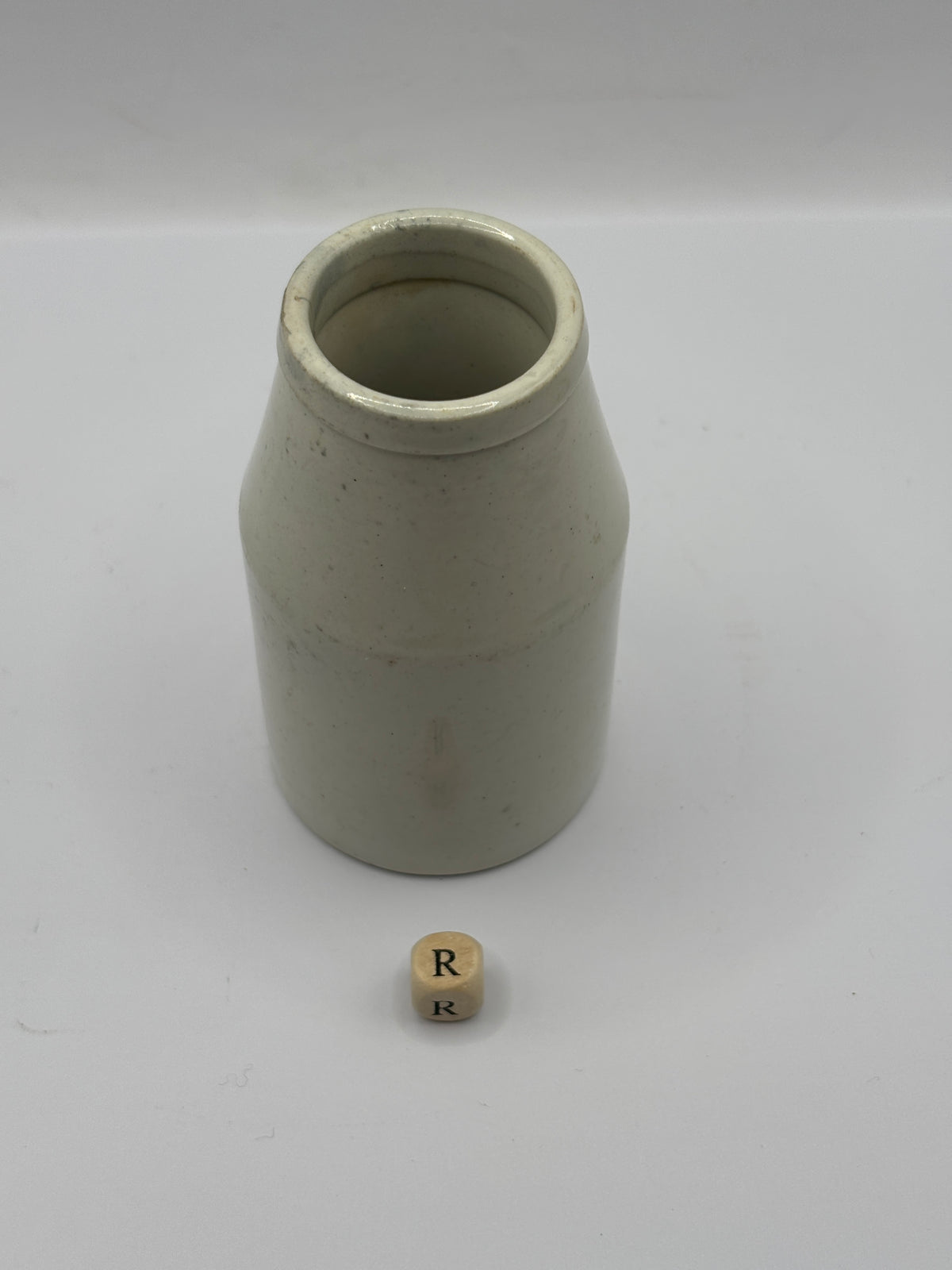 Old plain white stoneware creamer, churn (R)