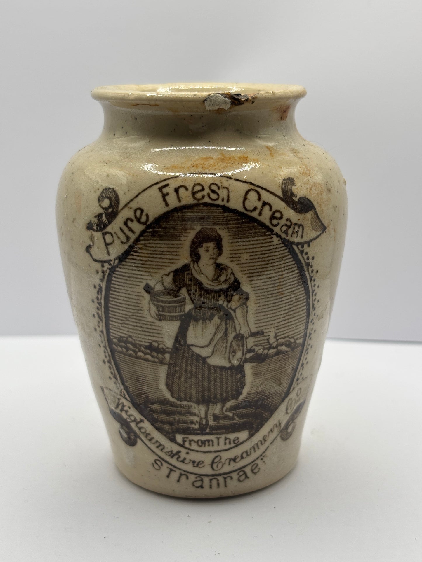 Old Stranraer rich preserved cream pot, milk maid. Serpia print, damaged