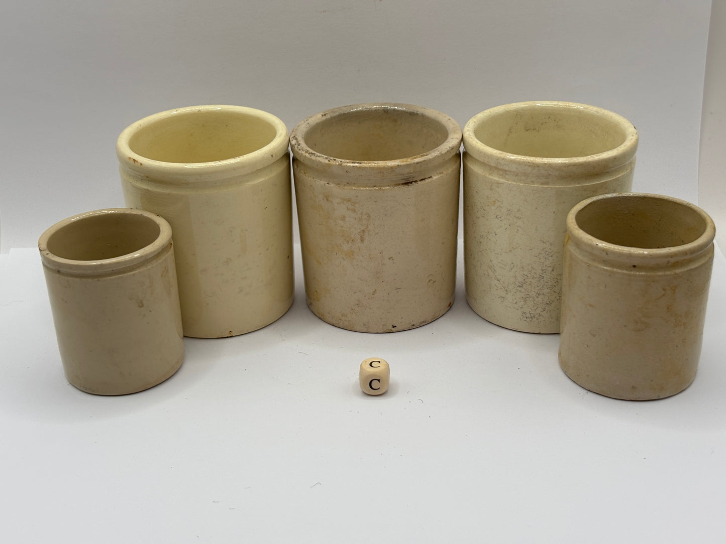 5 old small stoneware jars & pots (c)