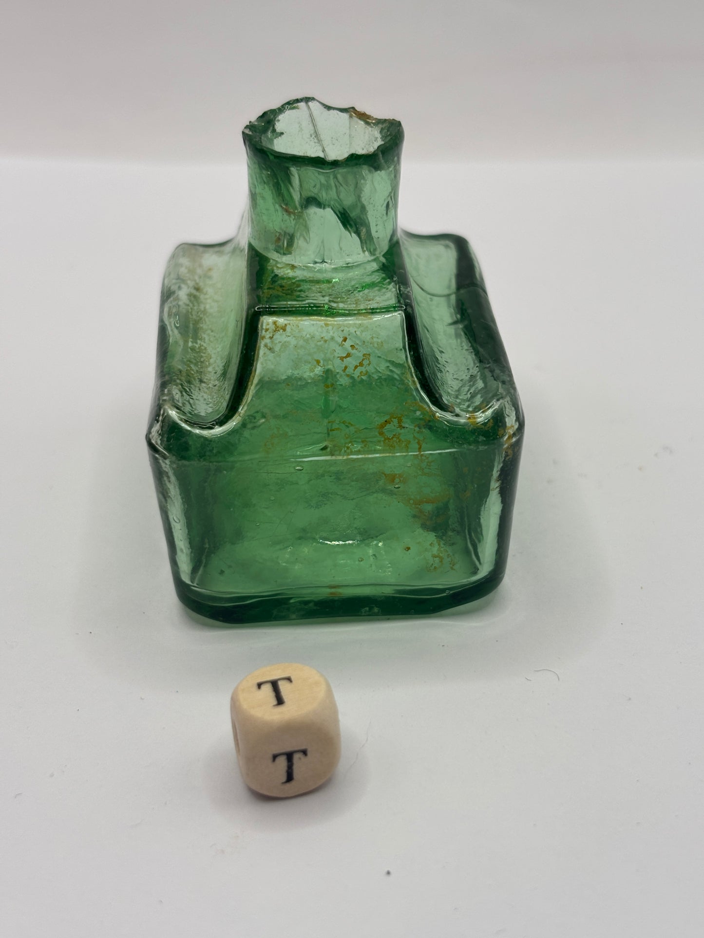Old green glass boat ink, inkwell (T)