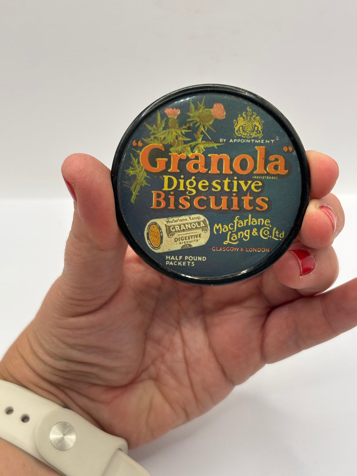 Old mini advertising mirror, small purse/bag mirror. Granola digestive biscuits