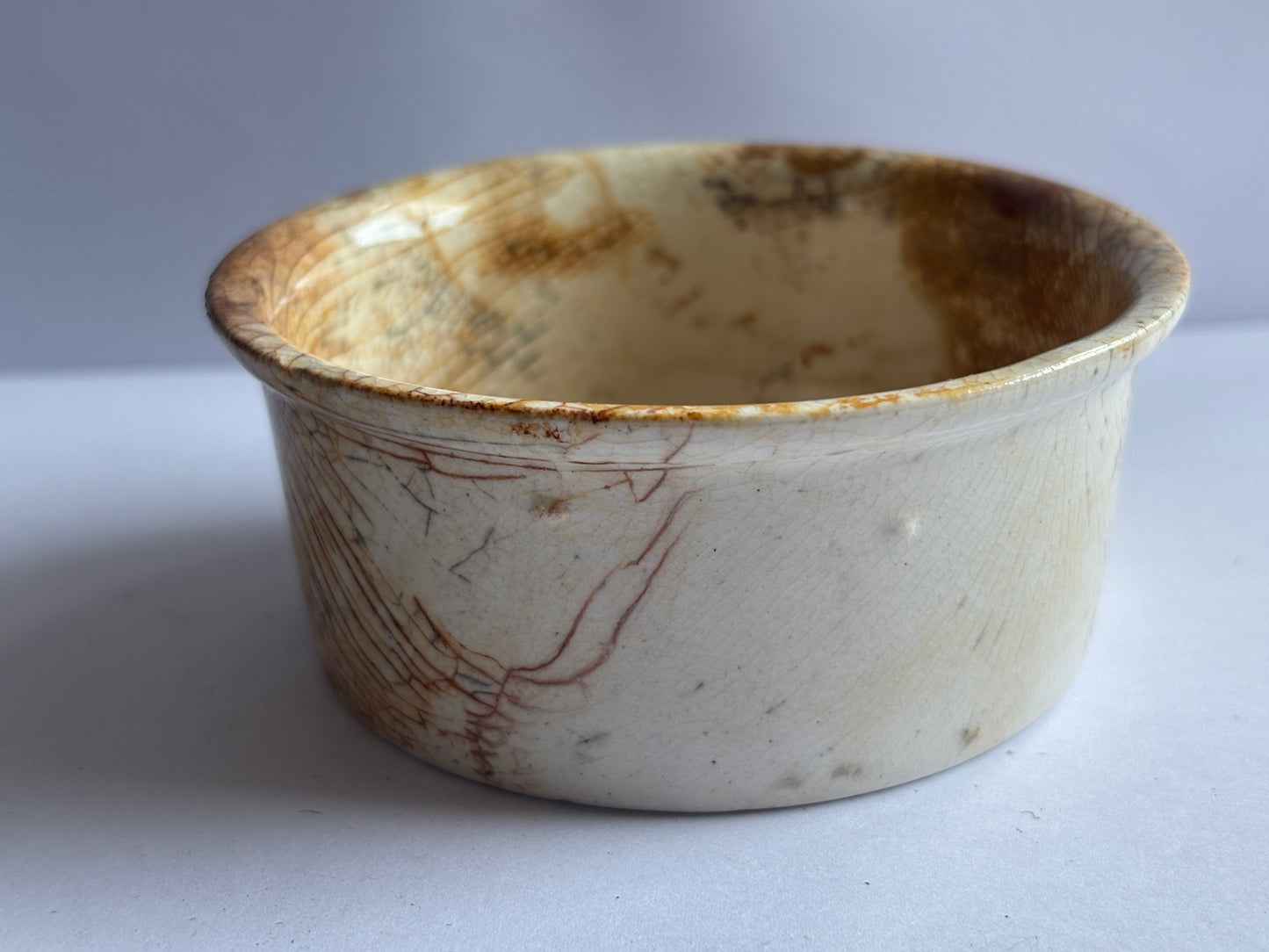 Old stained & crazed plumtree meat paste pot