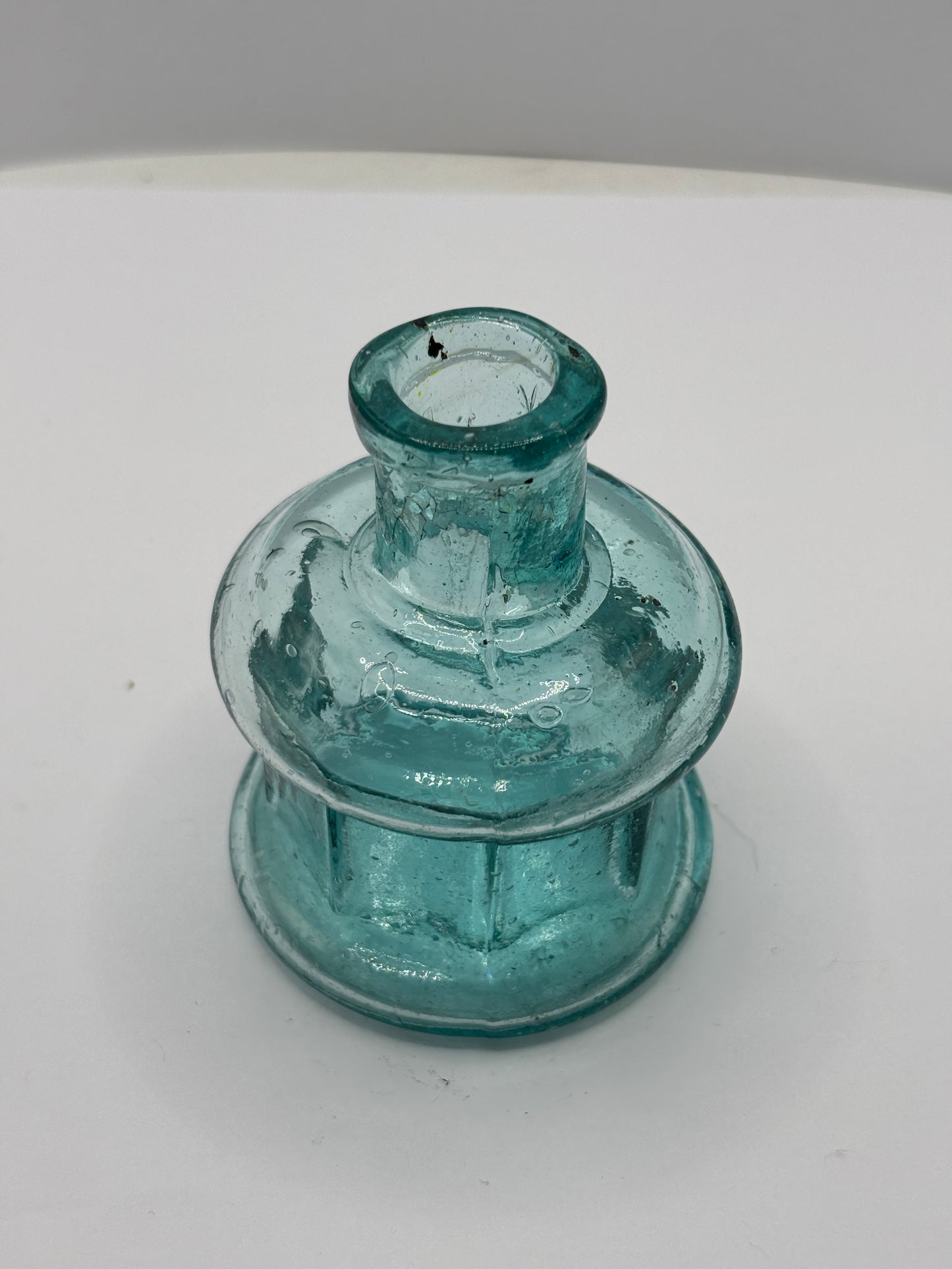 Old aqua glass ink bottle, inkwell