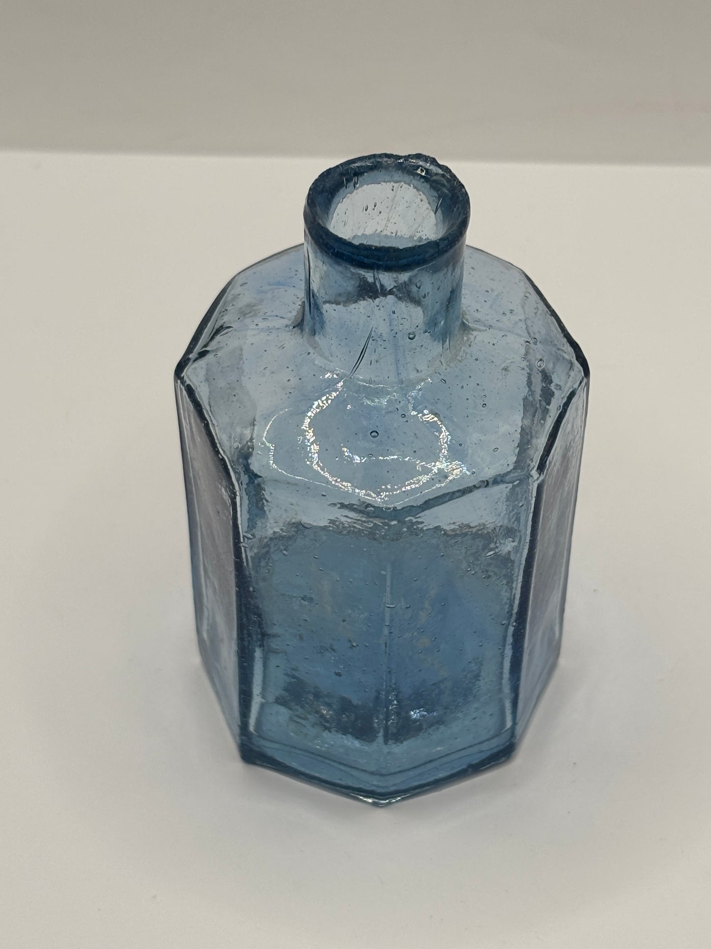 Old large blue glass inkwell, ink bottle, penny ink