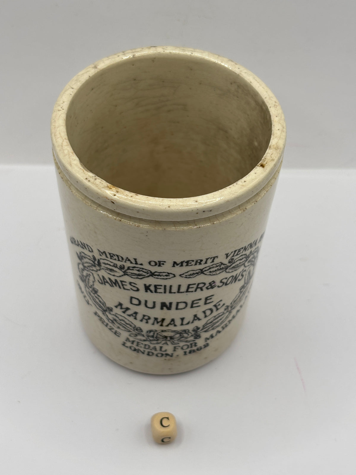 Old 1lb stoneware marmalade pot, James Keiller Dundee marmalade (c)