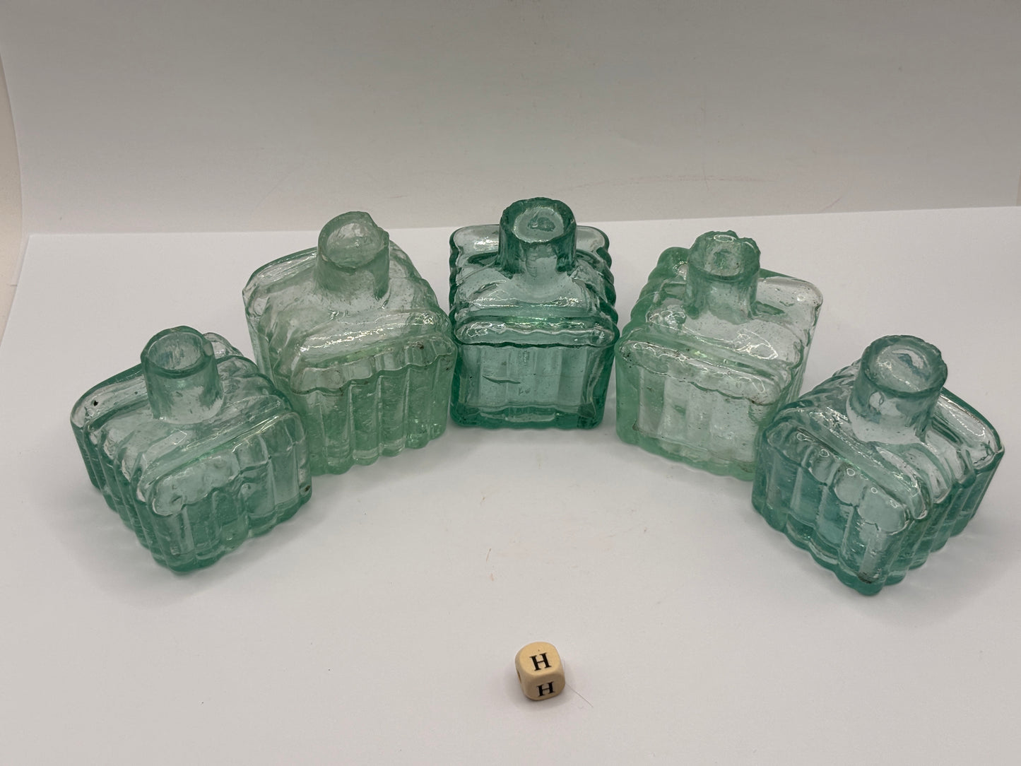 5 old aqua glass ribbed inks, inkwells, ink bottles, penny ink (H)