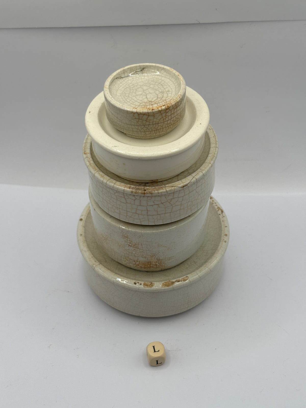 5 old stoneware pot lid bases, stackers (L)