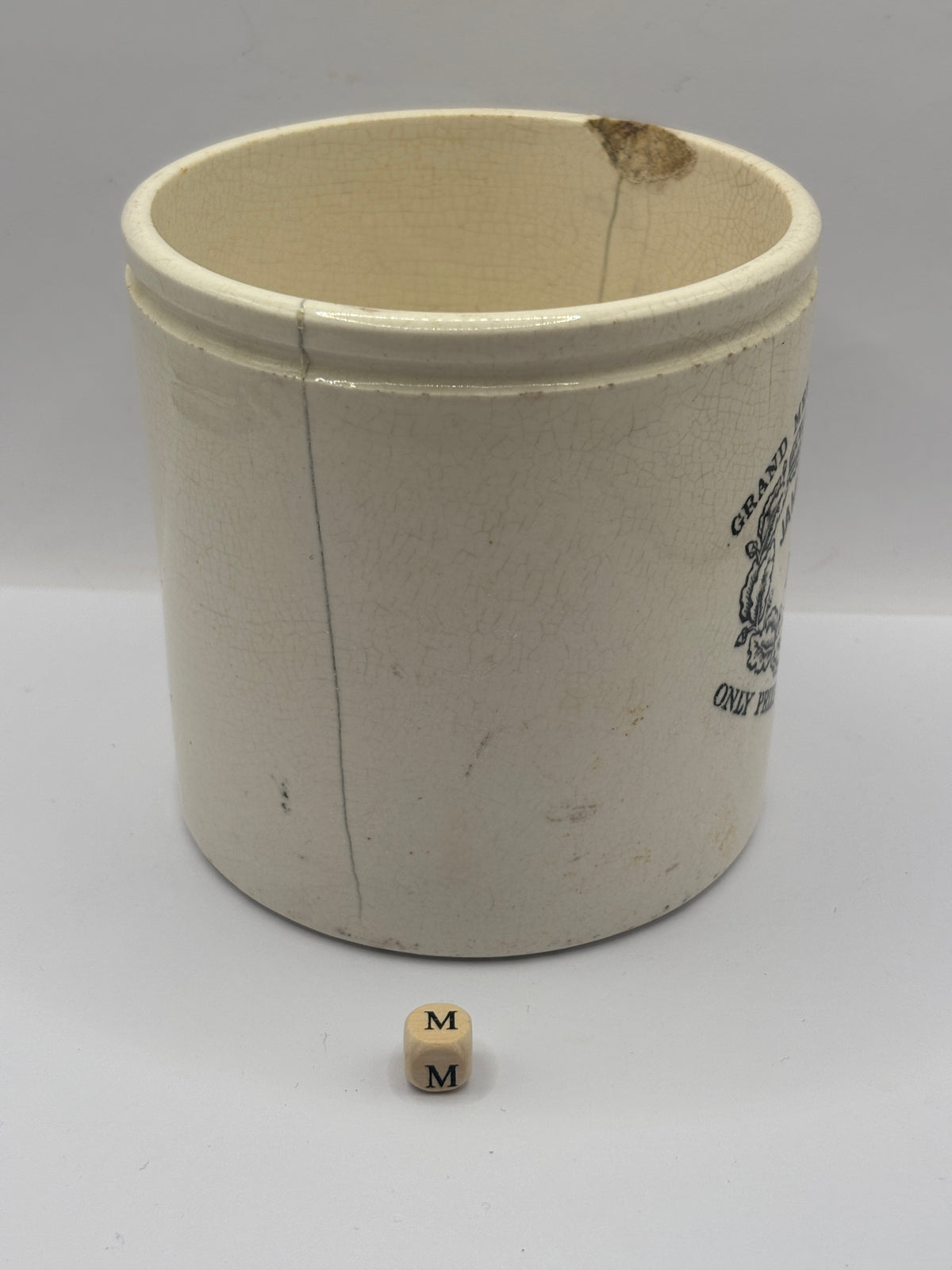 Old 2lb stoneware marmalade pot, James Keiller Dundee marmalade (m) damaged