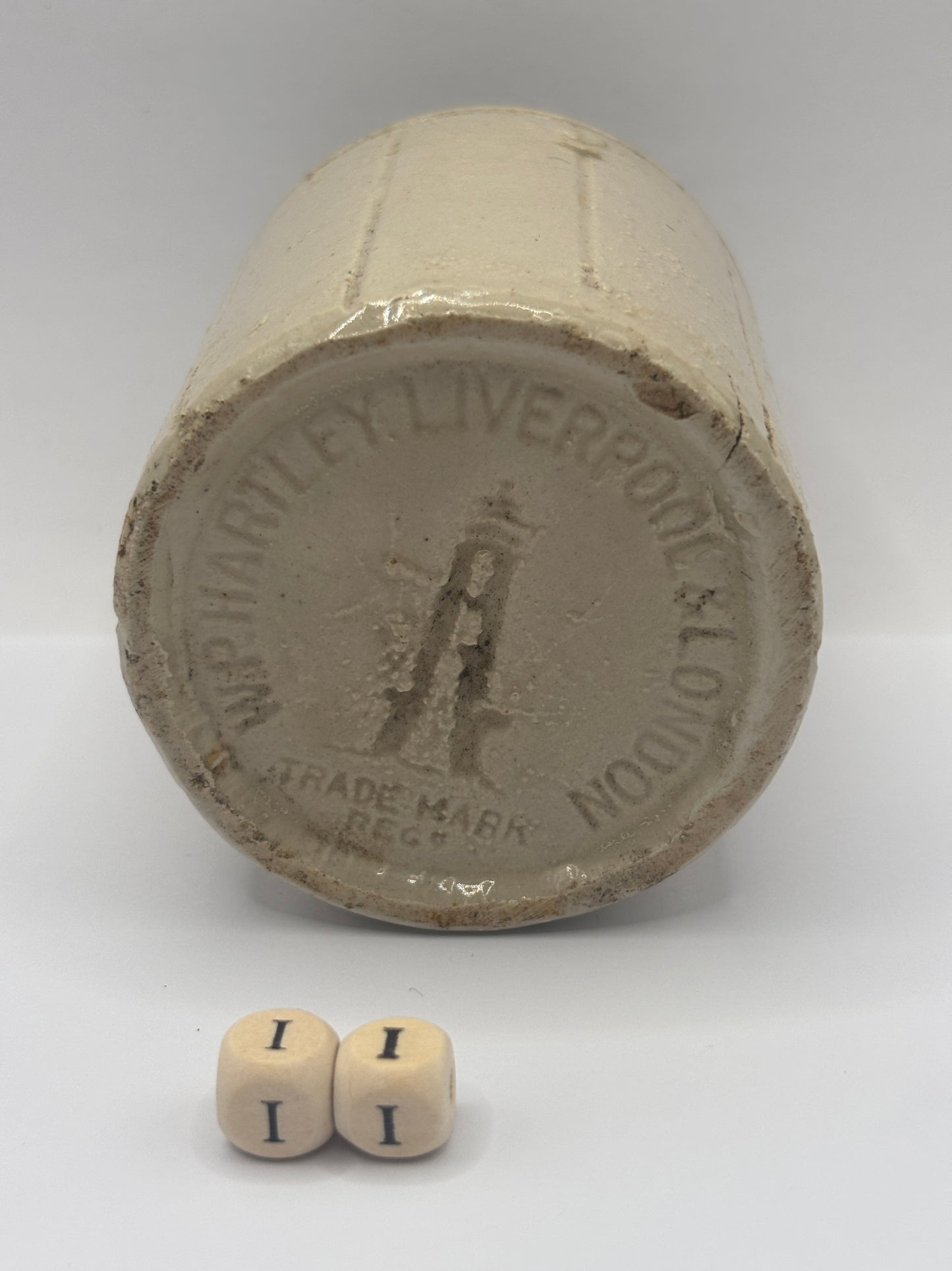 Old small ribbed advertising stoneware jam pot. Hartleys (ii)