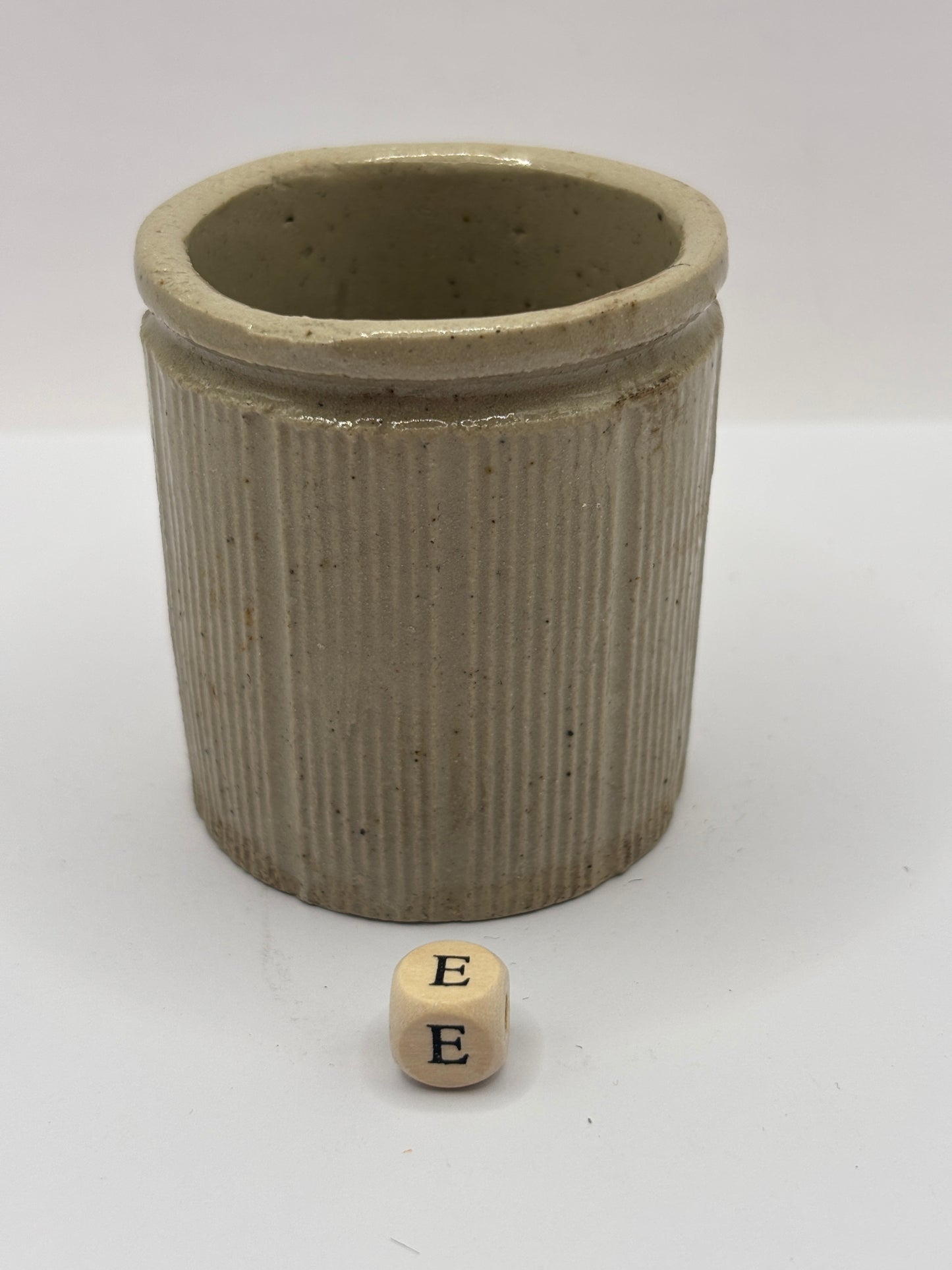 Old mini ribbed stoneware jam pot (E)