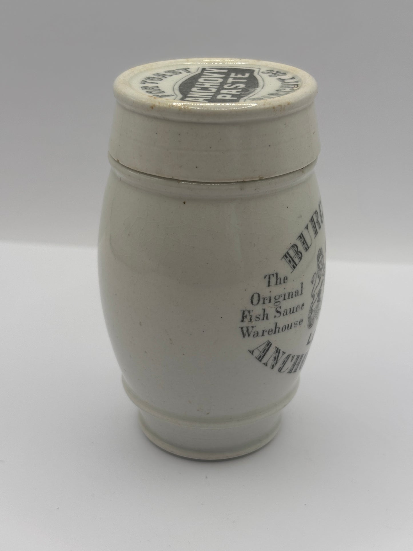 Old advertising jar and lid. Burgess anchovy paste for toast and biscuits