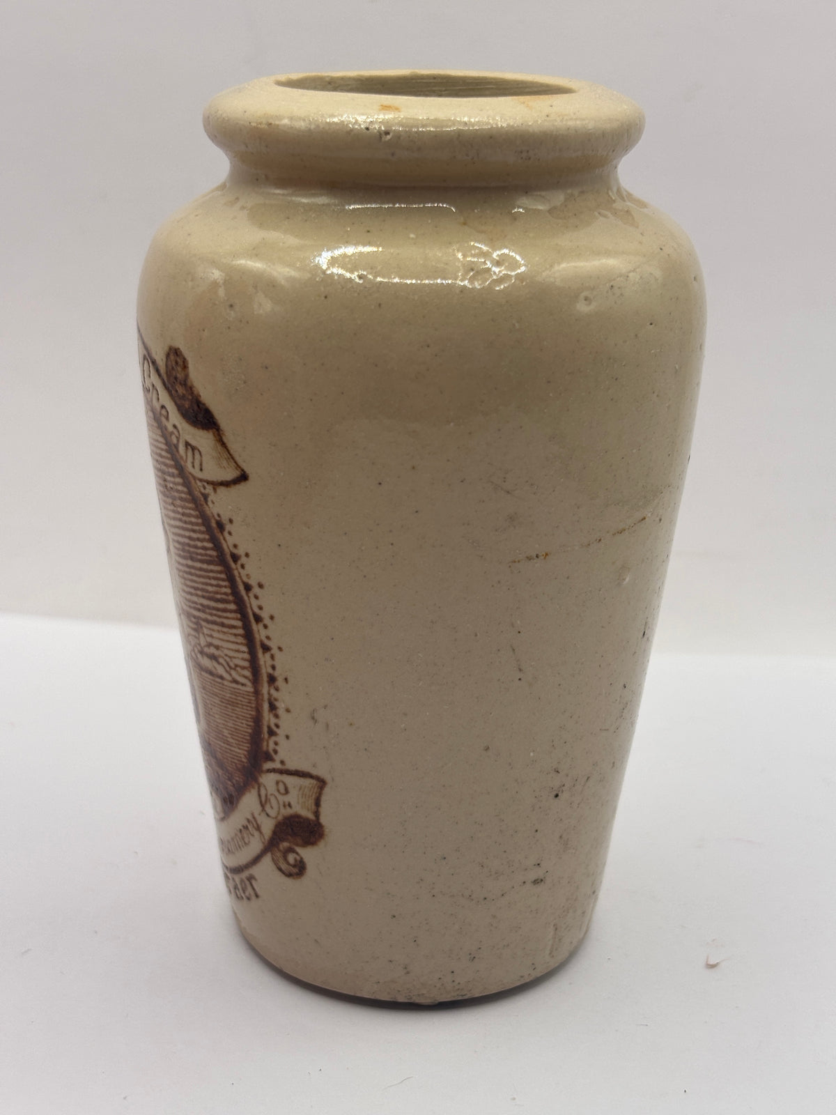Old advertising cream pot, rich preserved cream stranraer, milkmaid. Serpia print