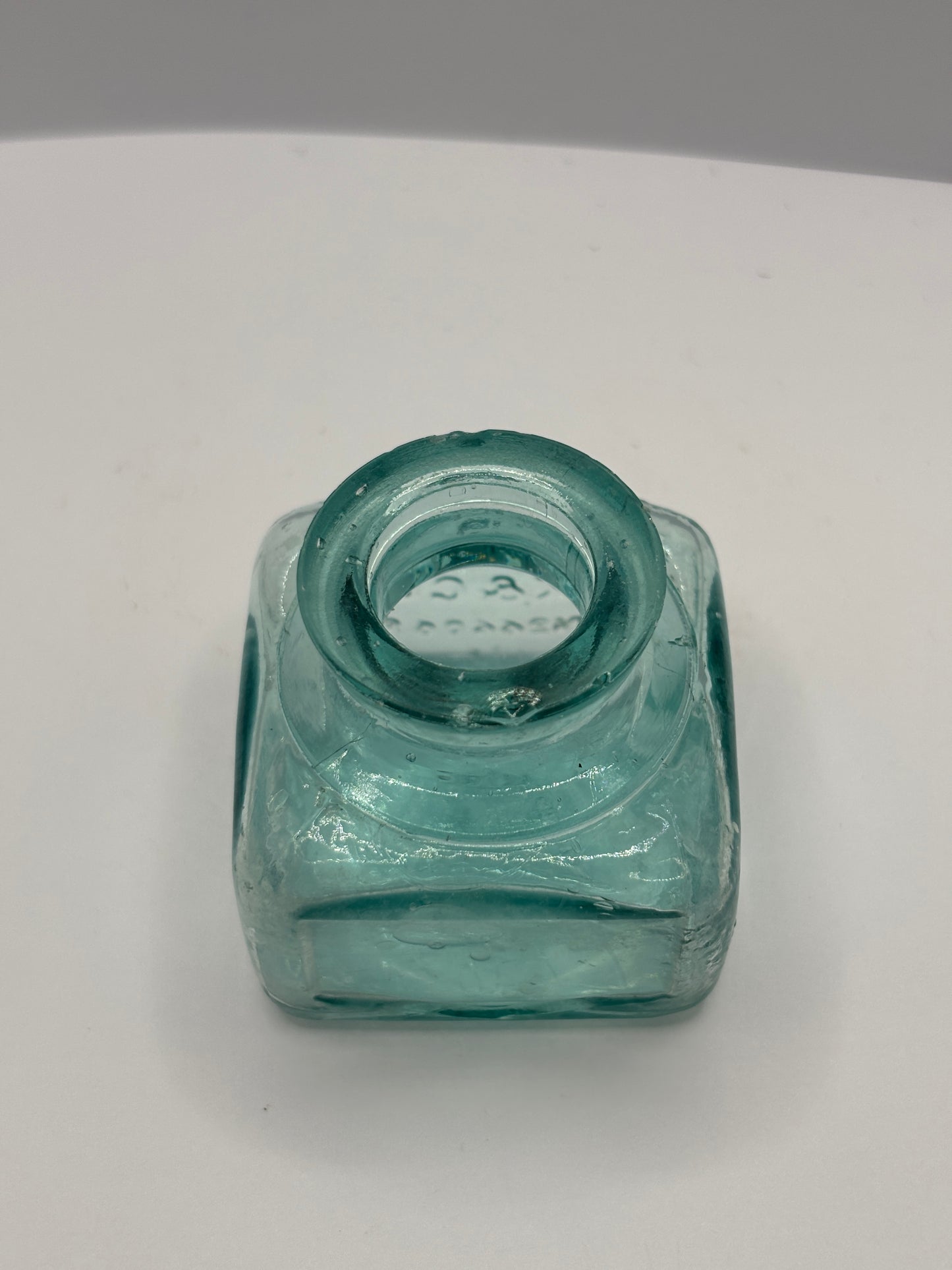 Old aqua glass ink bottle, inkwell. fields ink & gum