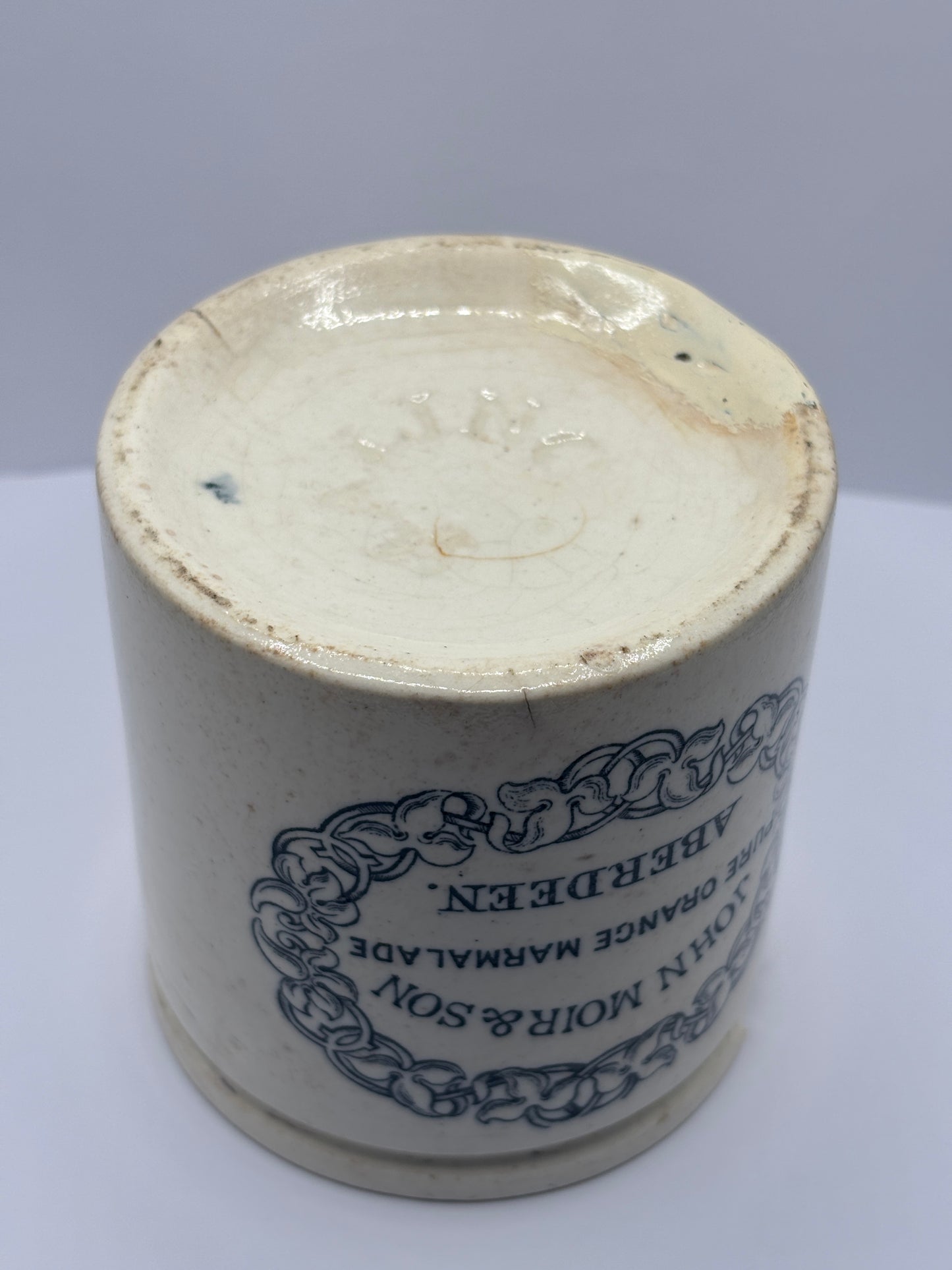 Rare John moir advertising marmalade jar, Pure orange marmalade. Damaged/ repaired
