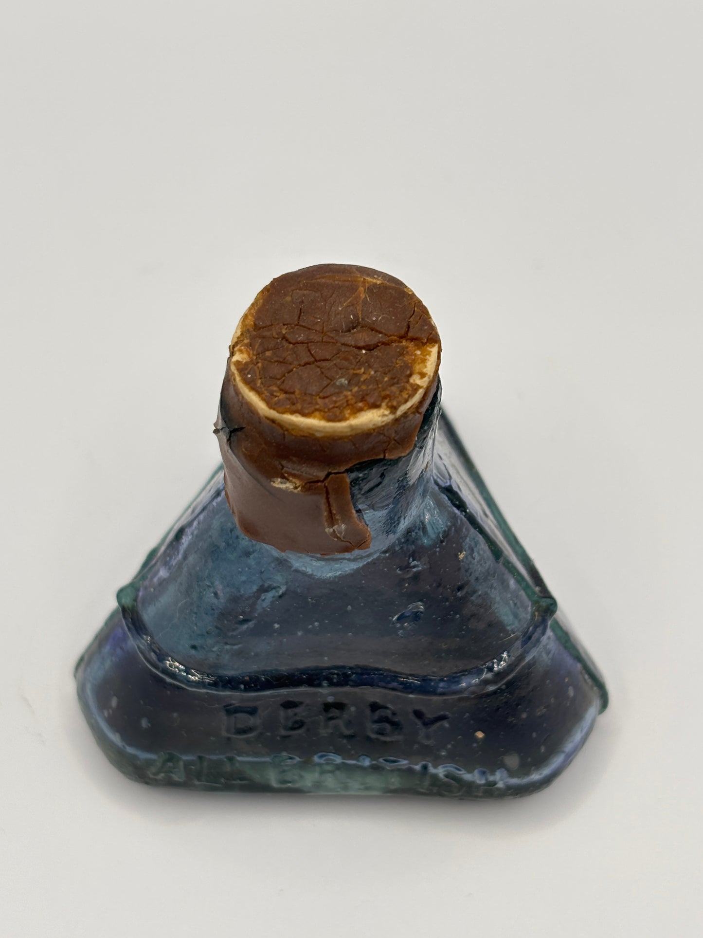Old aqua glass Derby all british ink, ink bottle, inkwell with origin wax seal